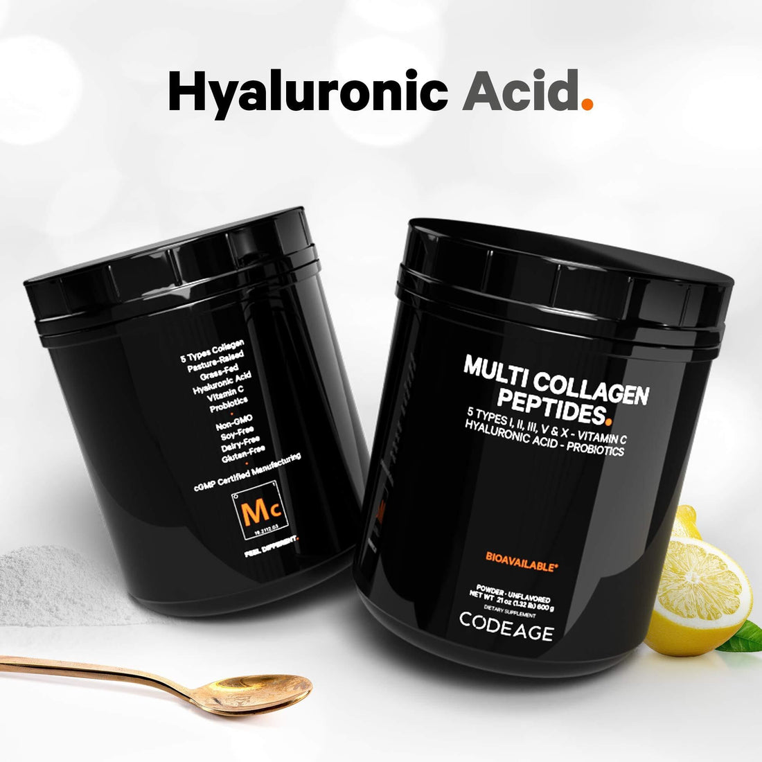 Codeage Multi Collagen Peptides + Probiotics Black Edition, Vitamin C, Hyaluronic Acid Powder Supplement, Grass-Fed, Pasture-Raised, Hydrolyzed, Zero Carbs, Type I, II, III, V & X, Unflavored, 21oz