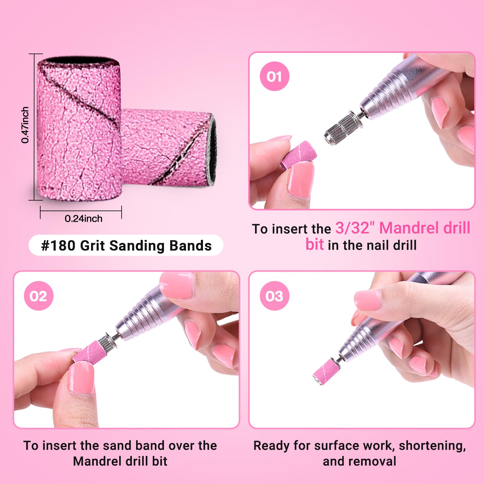 MelodySusie 100 Pcs Nail Drill Bits Sanding Bands for Nail Drill 180 Fine Grit Nail File Sanding Bands for Acrylic Nails Gel Manicures and Pedicure,Light Pink