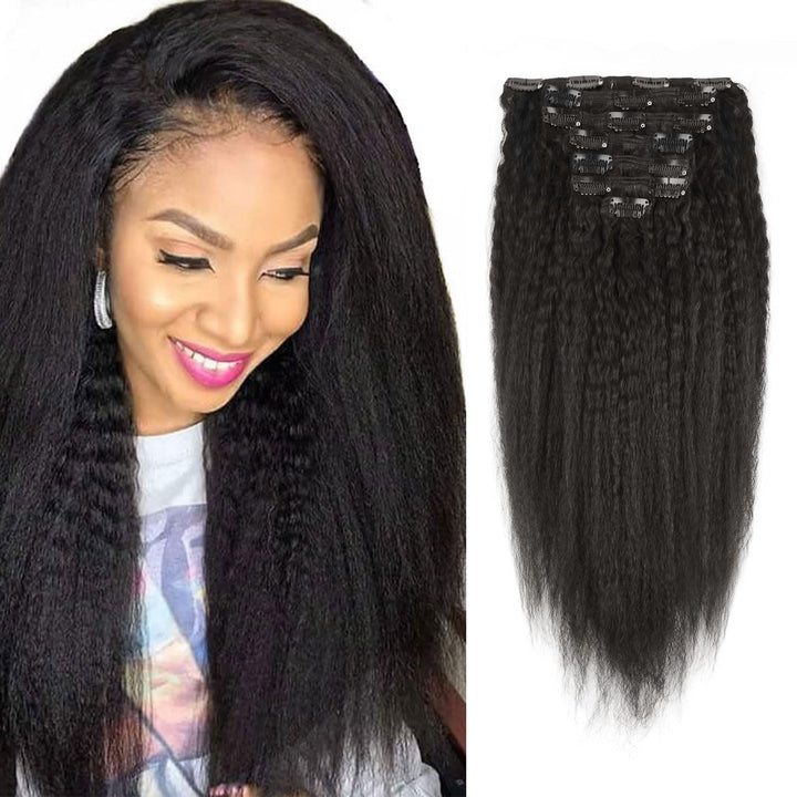 Sassina 120Grams 7Pcs Afro Kinky Straight Clip-ins Human Hair Extensions For Black Women Natural Color Double Weft Clip on Exensions Full Head Set, KS 18 Inch