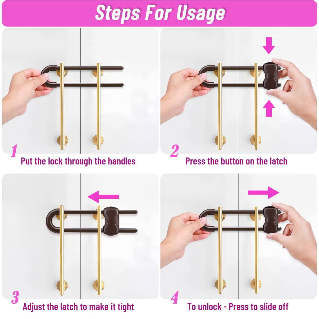 12 Packs Baby Proofing Sliding Cabinet Locks modacraft U-Shaped Child Safety Latches Adjustable White Locks for Handles Knobs Drawers Closet Cupboard - Brown