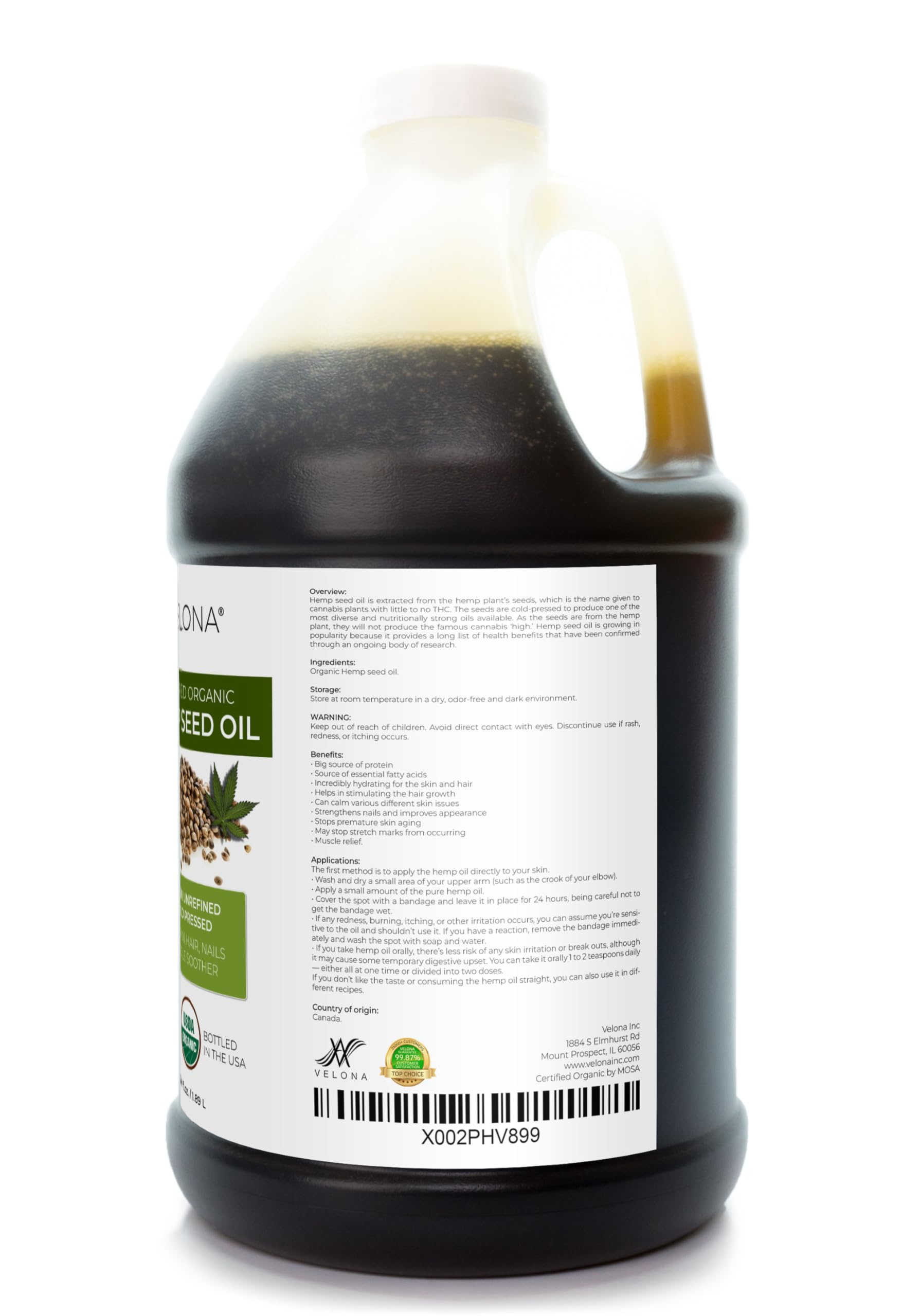 velona Hemp Seed Oil USDA Certified Organic - 64 fl oz | 100% Pure and Natural Carrier Oil | Unrefined, Cold Pressed