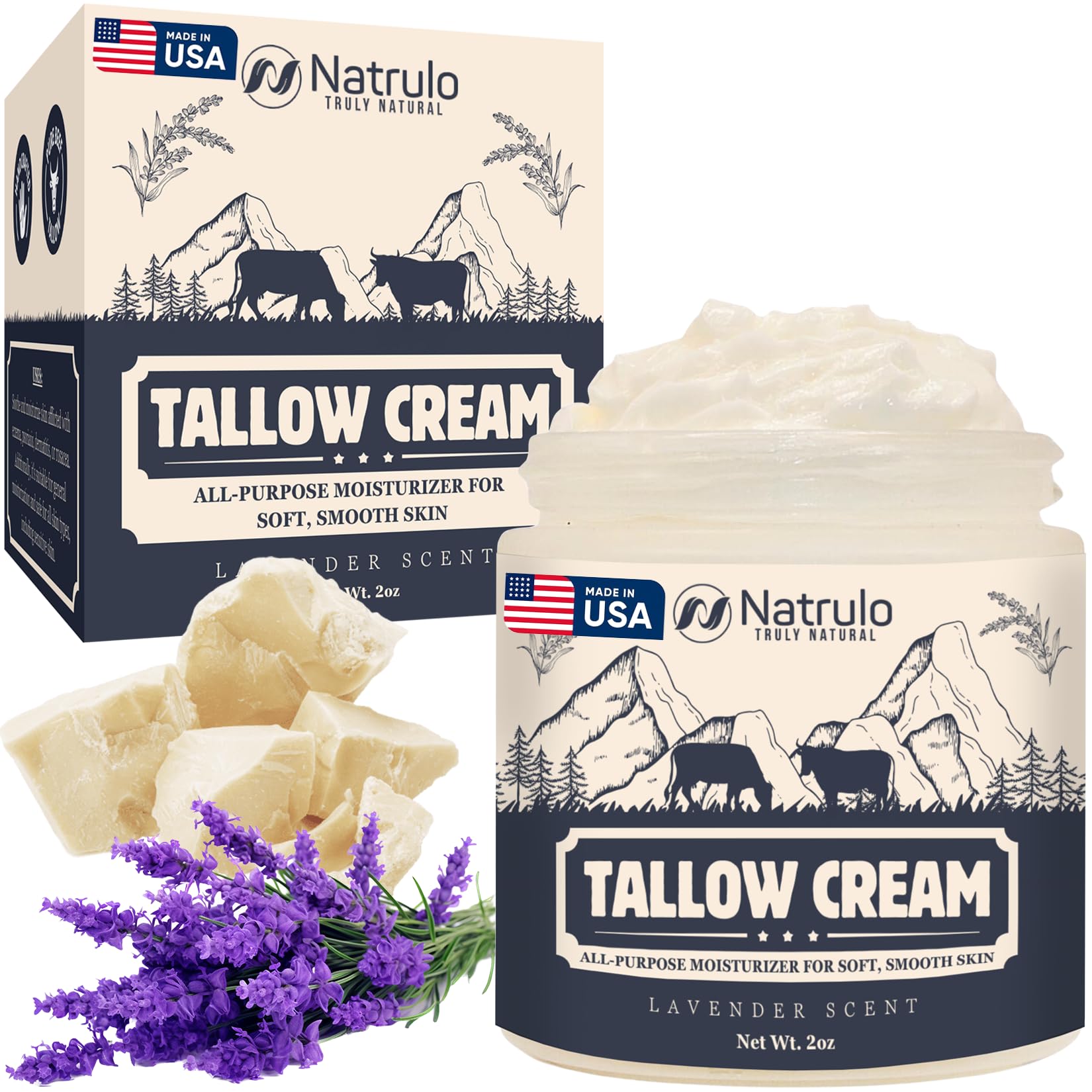 Beef Tallow Cream – All Natural Grass Fed Beef Tallow and Honey All Purpose Balm – Moisturizing Face and Body Lotion for Eczema, Cracked, Dry, Itchy, Irritated Skin – Skin Repair Skincare Made in USA