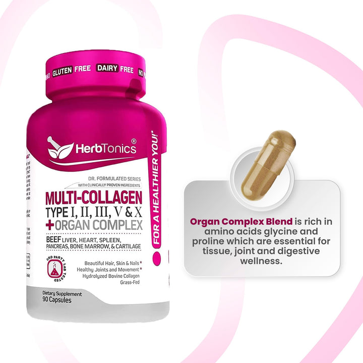 Multi Collagen Complex (Types 1 2 3 5 and 10) | Grass Fed Bone Broth Collagen Protein Peptides | Healthy Hair Skin Nails & Joint Support (with Organ Complex) | 90 Collagen Pills