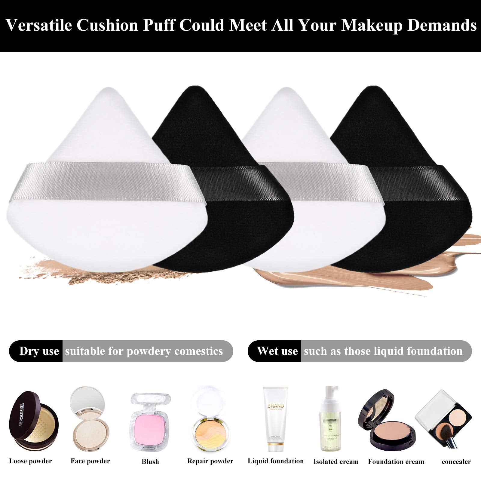 12 Pieces Cotton Powder Puff Triangle Shape Powder Puff Wet and Dry Dual-Use Makeup Puff Cosmetic Makeup Tool with Strap for Powder Foundation, Concealer, Loose Powder, Body Powder