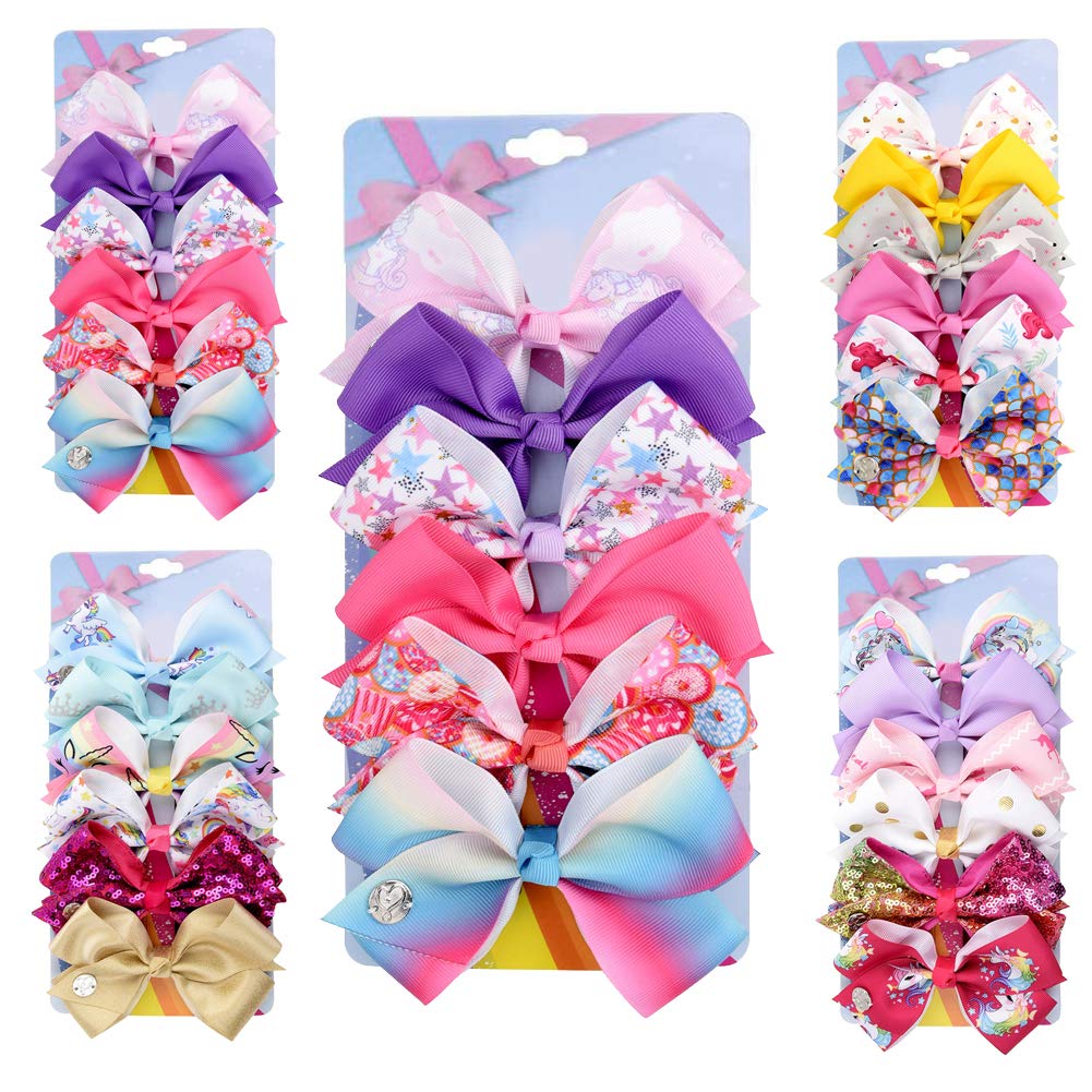 [6Pack/Set] 4.7 Inch Sparkle Mermaid Rainbow Colorful Hair Bows Clips Grosgrain Ribbon Alligator Accessories (Model-8)
