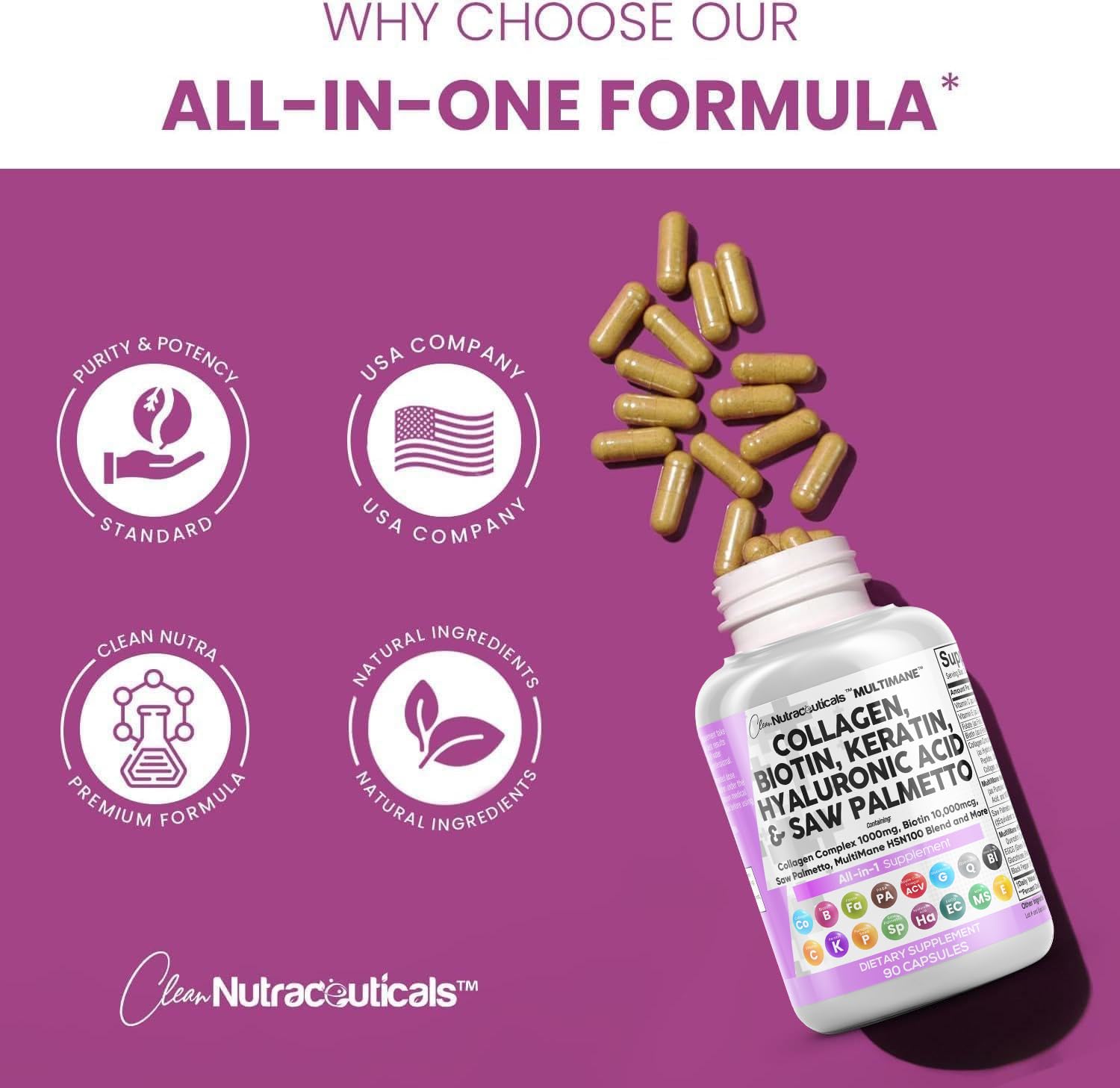 Clean Nutraceuticals Collagen Pills 1000mg Biotin 10000mcg Keratin Saw Palmetto Hyaluronic Acid - Hair Skin & Nails Vitamins & DHT Blocker with Vitamin E Folic Acid Pumpkin Seed MSM - 90 Count