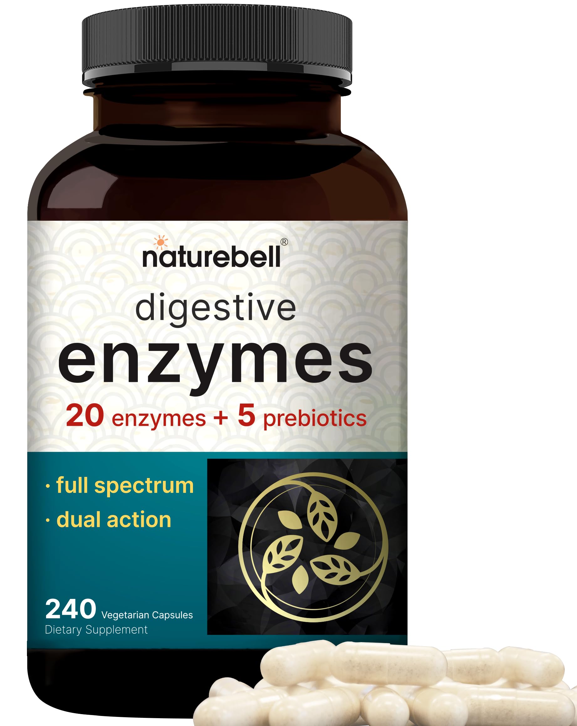 NatureBell Digestive Enzymes with Probiotics and Prebiotics, 240 Veggie Capsules | Gut & Digestive Health Support – 20 Enzyme & 5 Prebiotic Pancreatic Complex | Non-GMO, Vegan Friendly