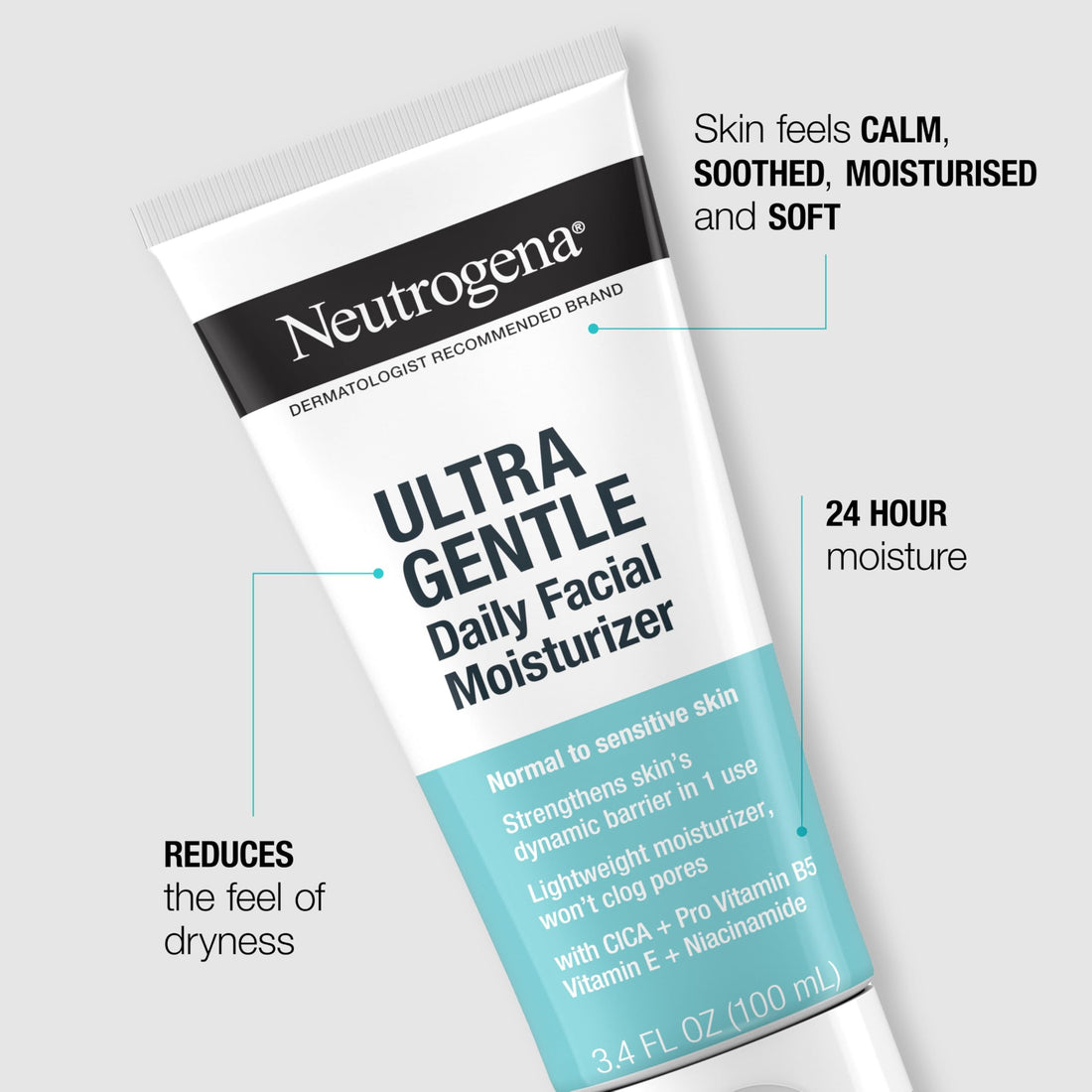 Neutrogena Ultra Gentle Fragrance Free Daily Face Moisturizer, Facial Moisturizer for Sensitive & Dry Skin with CICA, Pro-Vitamin B5, Vitamin E & Niacinamide, 3.4 fl. oz