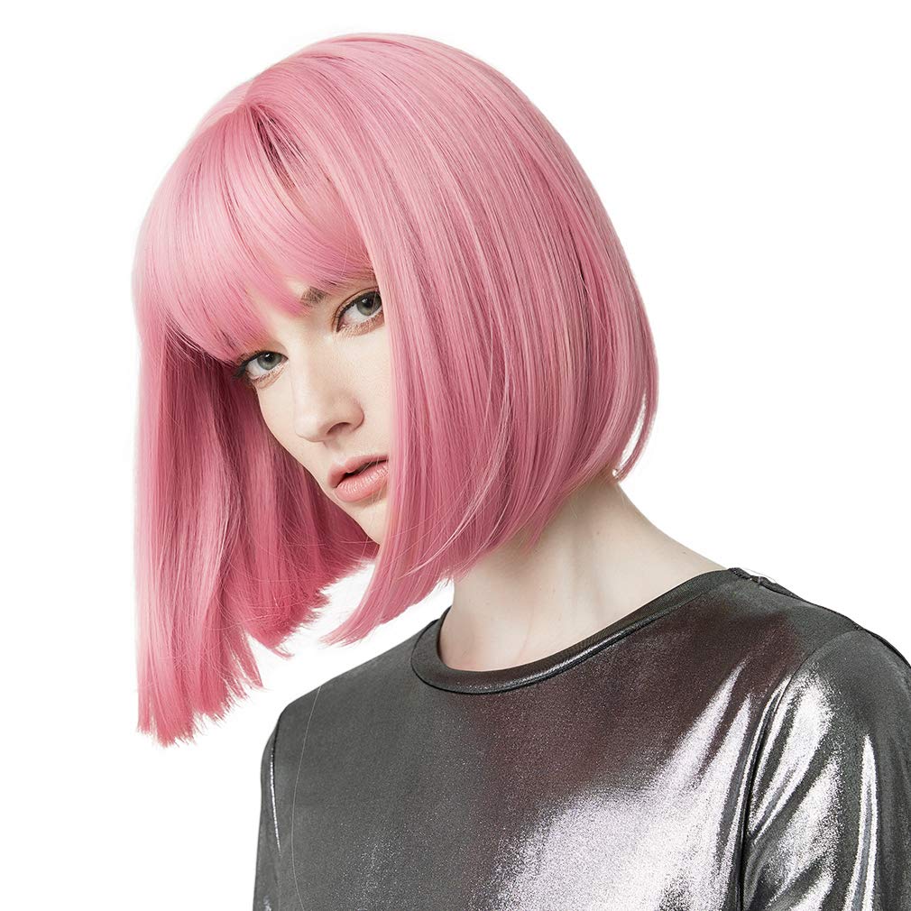 11 Inches, Short Length-Princess Pink: Reecho 11 Short Bob Wig With Bangs Cosplay Synthetic Hair For White Black Women Color: Princess Pink