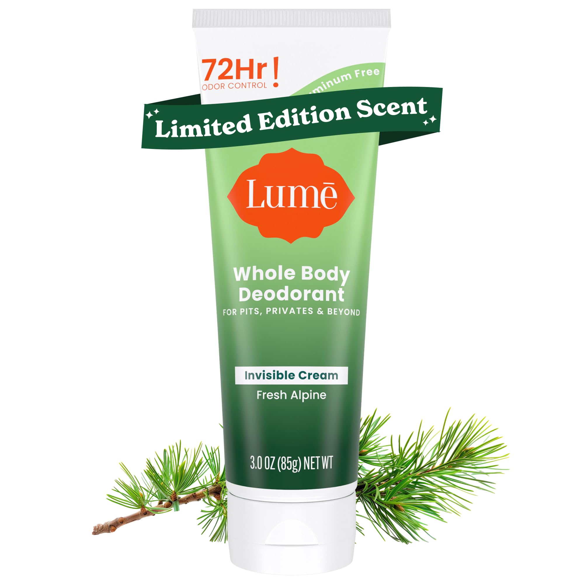Lume Whole Body Deodorant - Invisible Cream Tube - 72 Hour Odor Control - Doctor Developed - Aluminum Free, Baking Soda Free and Skin Loving - 3.0 Ounce (Fresh Alpine)