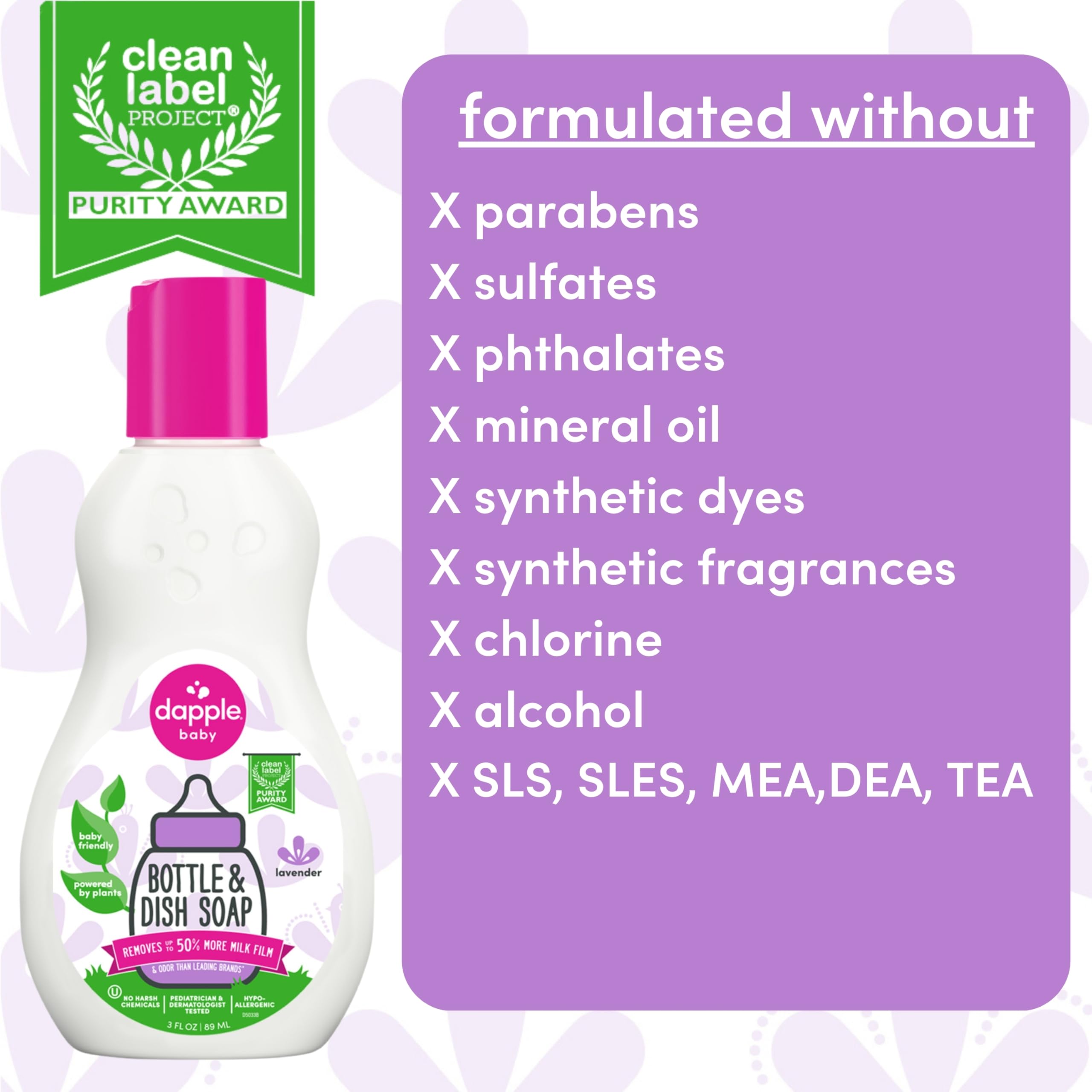 Dapple Baby Bottle Soap, Hypoallergenic Dish Soap for Baby Bottles, Powered by Plants, Travel Size, Lavender, 3 Fl Oz (Pack of 1)