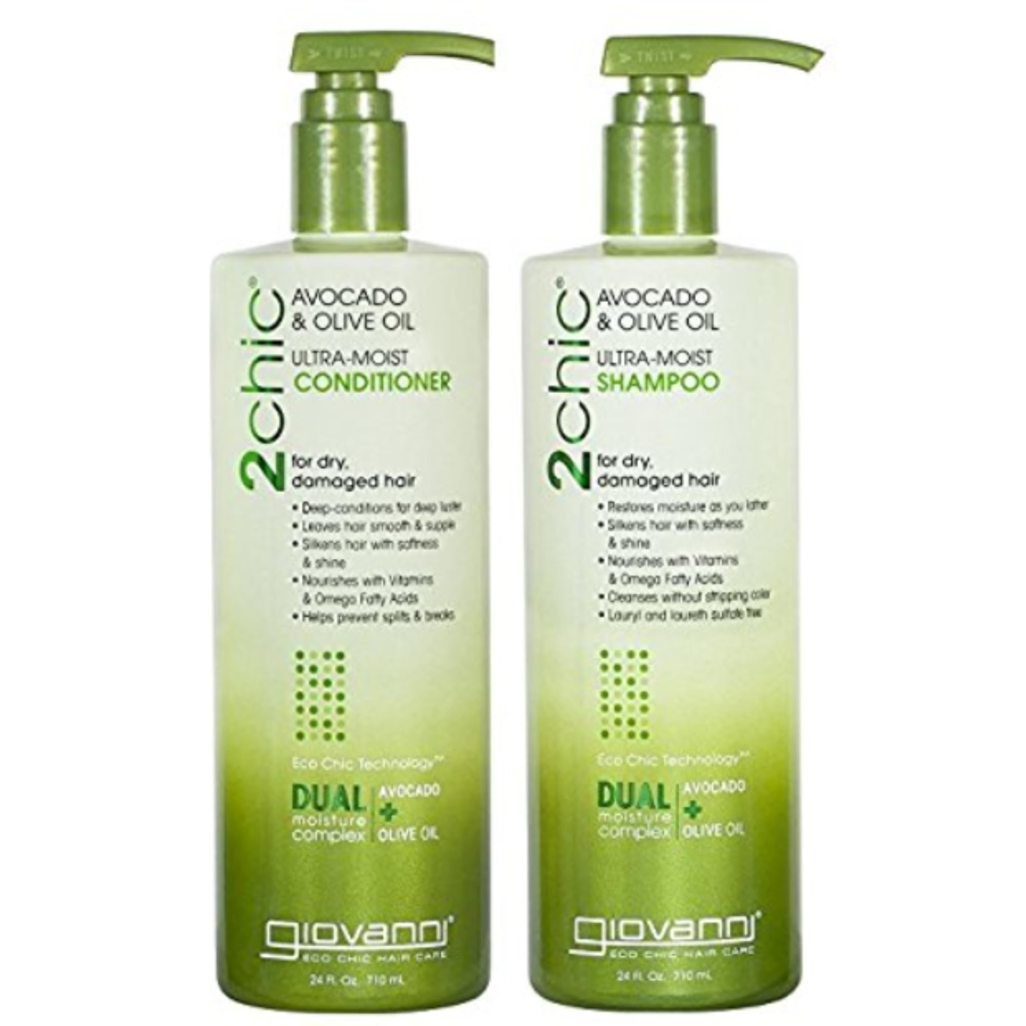 Giovanni 2Chic Ultra-Moist Avocado & Olive Oil Shampoo and Conditioner Set - Moisture & Natural Growth for Men & Women with Moisturizing Aloe Vera, Sulfate Free - 24 Fl Oz (Set of 2)