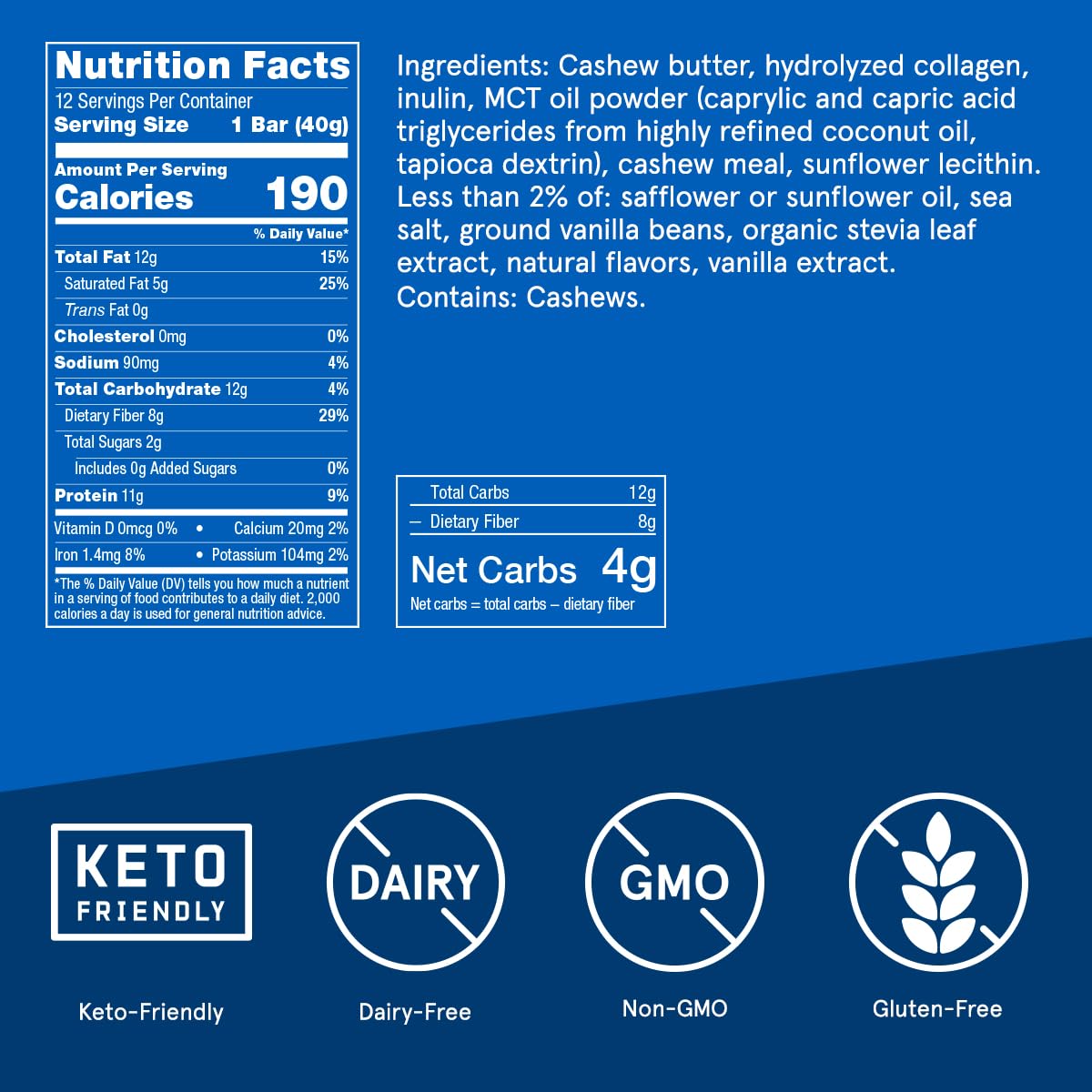 Collagen Protein Bars, Vanilla Shortbread, 11g Protein, 12 Pack, Bulletproof Grass Fed Healthy Snacks, Made with MCT Oil, 2g Sugar, No Added Sugar