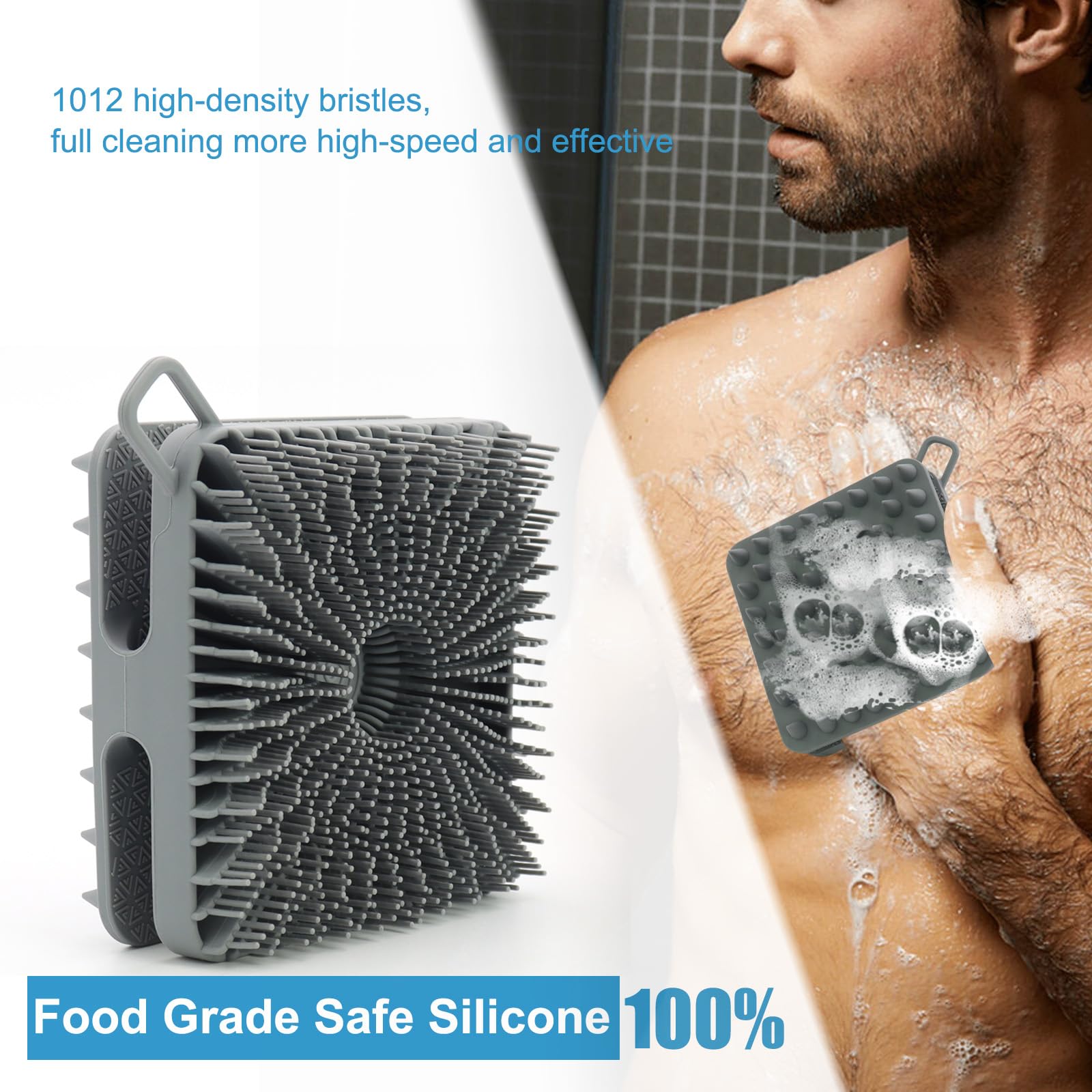WETANG Silicone Body Scrubber Men, Dual-Sided Design Exfoliating Body Brush Buffer Scrubber and Scalp Massager, Shower Scrubber for Body, Silicone Loofah, Ergonomic No-Slip, Easy to Clean (Grey)
