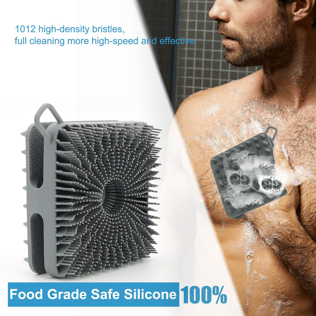 WETANG Silicone Body Scrubber Men, Dual-Sided Design Exfoliating Body Brush Buffer Scrubber and Scalp Massager, Shower Scrubber for Body, Silicone Loofah, Ergonomic No-Slip, Easy to Clean (Grey)