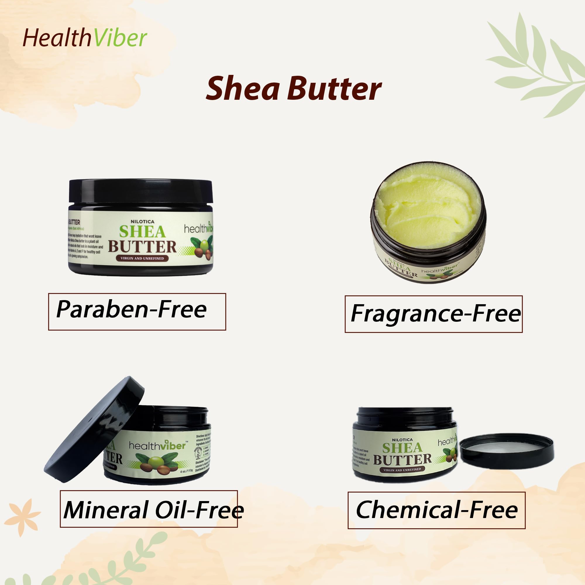 HEALTHVIBER Organic Shea Butter 4oz - Raw Shea Butter for Face, Body & Hair, Pure African Moisturizer, Anti-Aging, Paraben-Free & Fragrance-Free Skincare Solution