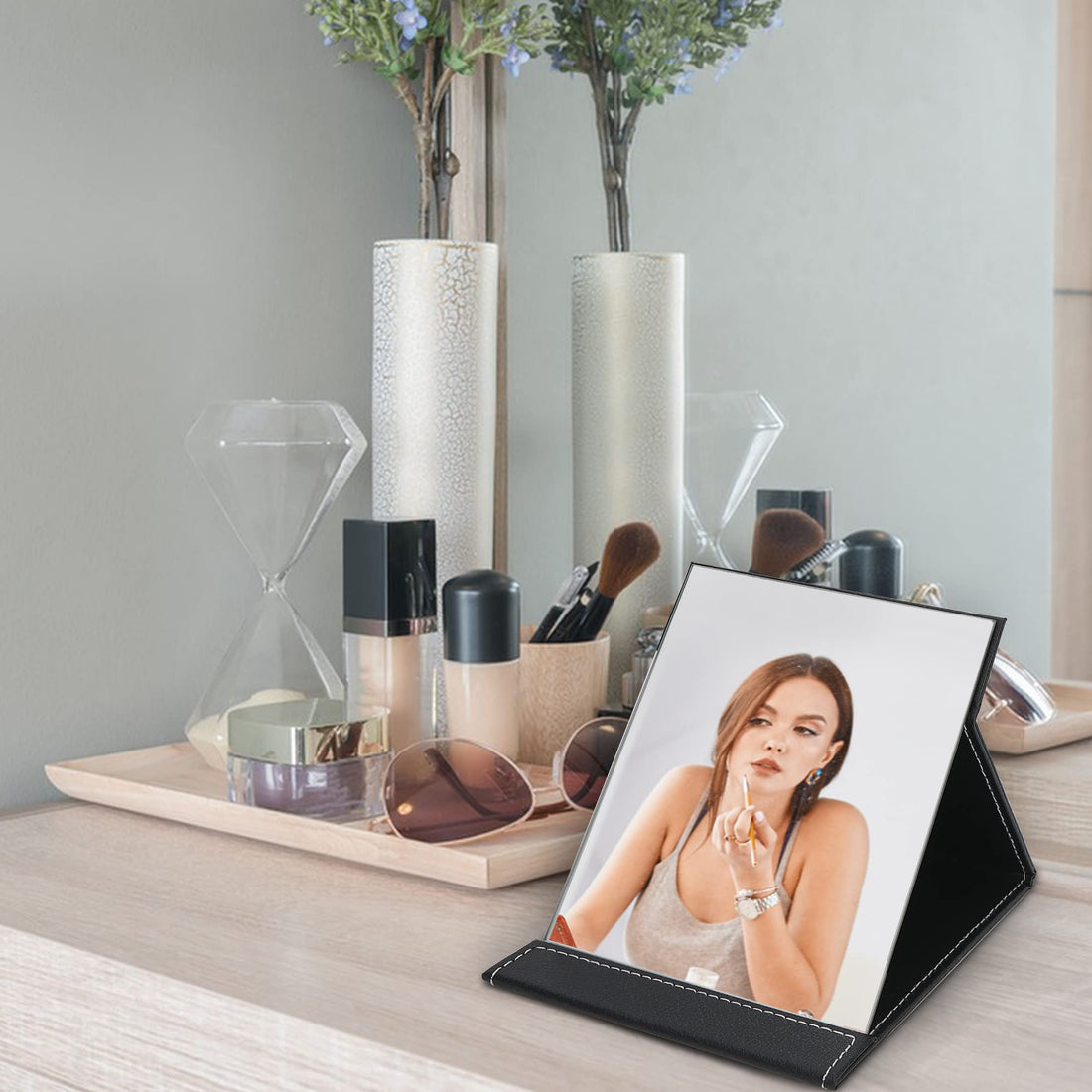 EFAILY Folding Travel Mirror, PU Portable Adjustable Rectangular Ultrathin Mirror, for Travel, Camping,Home (4.3W×2.9L)