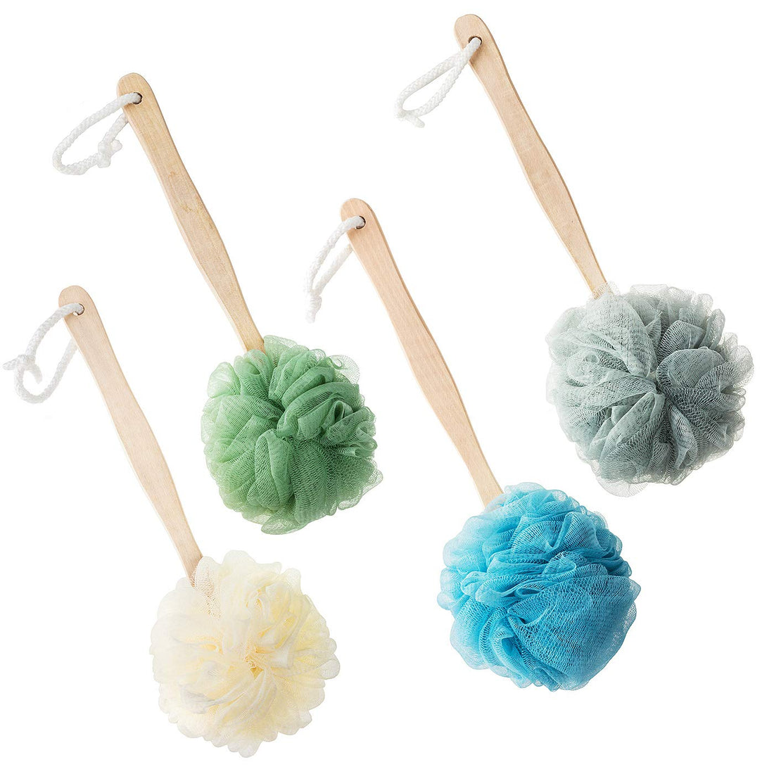 4 Pack Bath Shower Body Wash Puff with Long Handle 4 Colors