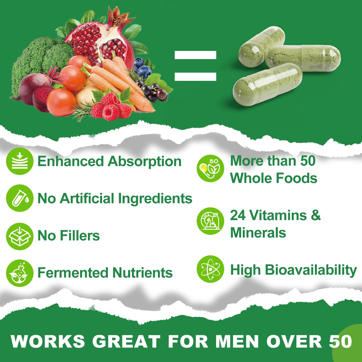 ZHPHK Mens Multivitamins 50 Plus, Whole Food Multivitamin Organic Natural Foods Mens Vitamins Multivitamin Men 50+ for Brain, Heart and Eye Health, Improve Digestion & Prostate Health, 60 Capsules