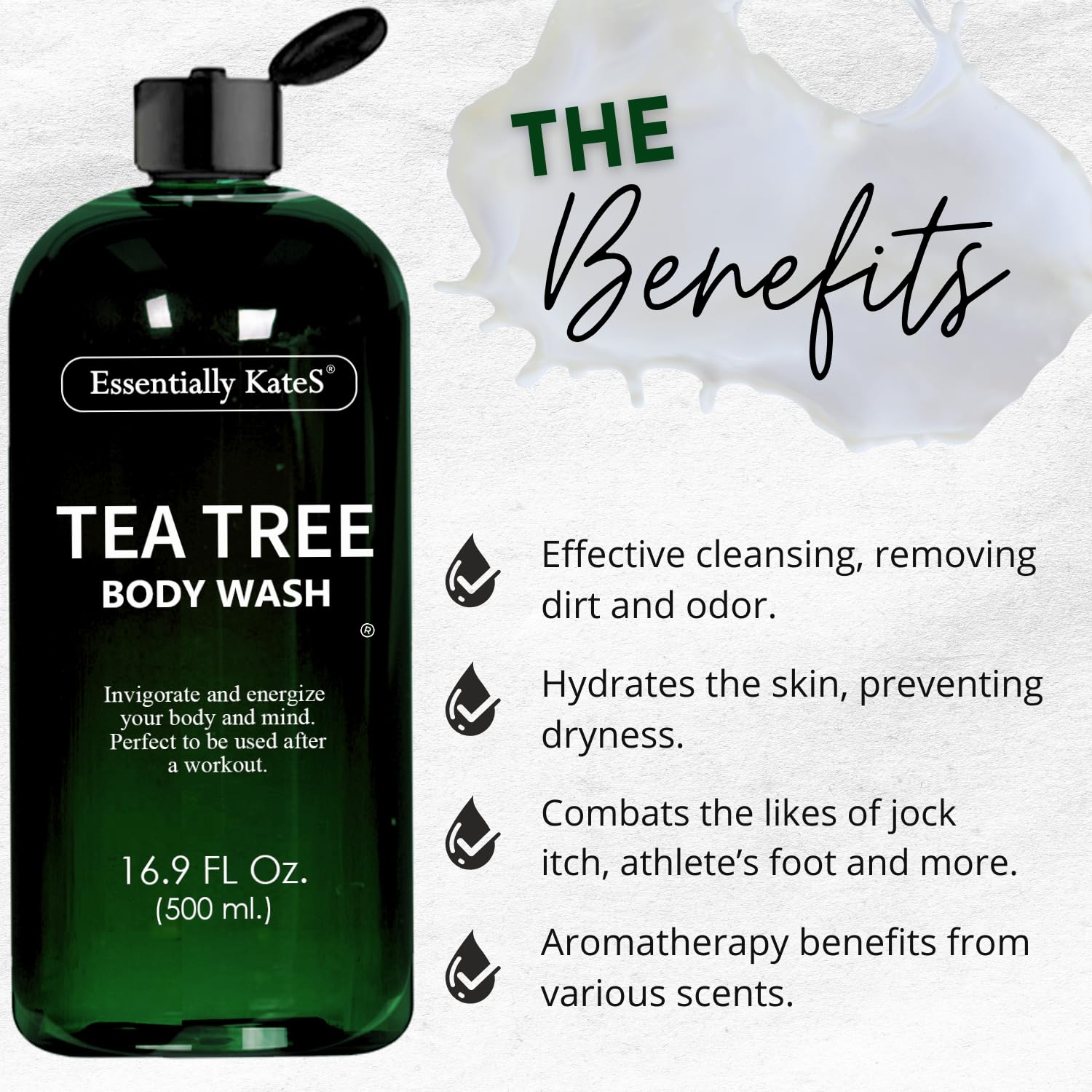 Essentially KateS Tea Tree Body Wash 16.9 fl oz - 100% Natural - Fights Body Odor & Irritation - Helps Athletes Foot, Ringworms, Jock Itch, Acne, & Eczema