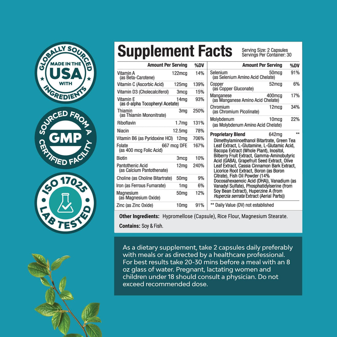 Advanced Nootropics Brain Support Supplement - Synergetic Mental Energy and Focus Supplement with Brain Vitamins for Cognitive Enhancement - Mind and Memory Supplement for Brain Health (30 Servings)