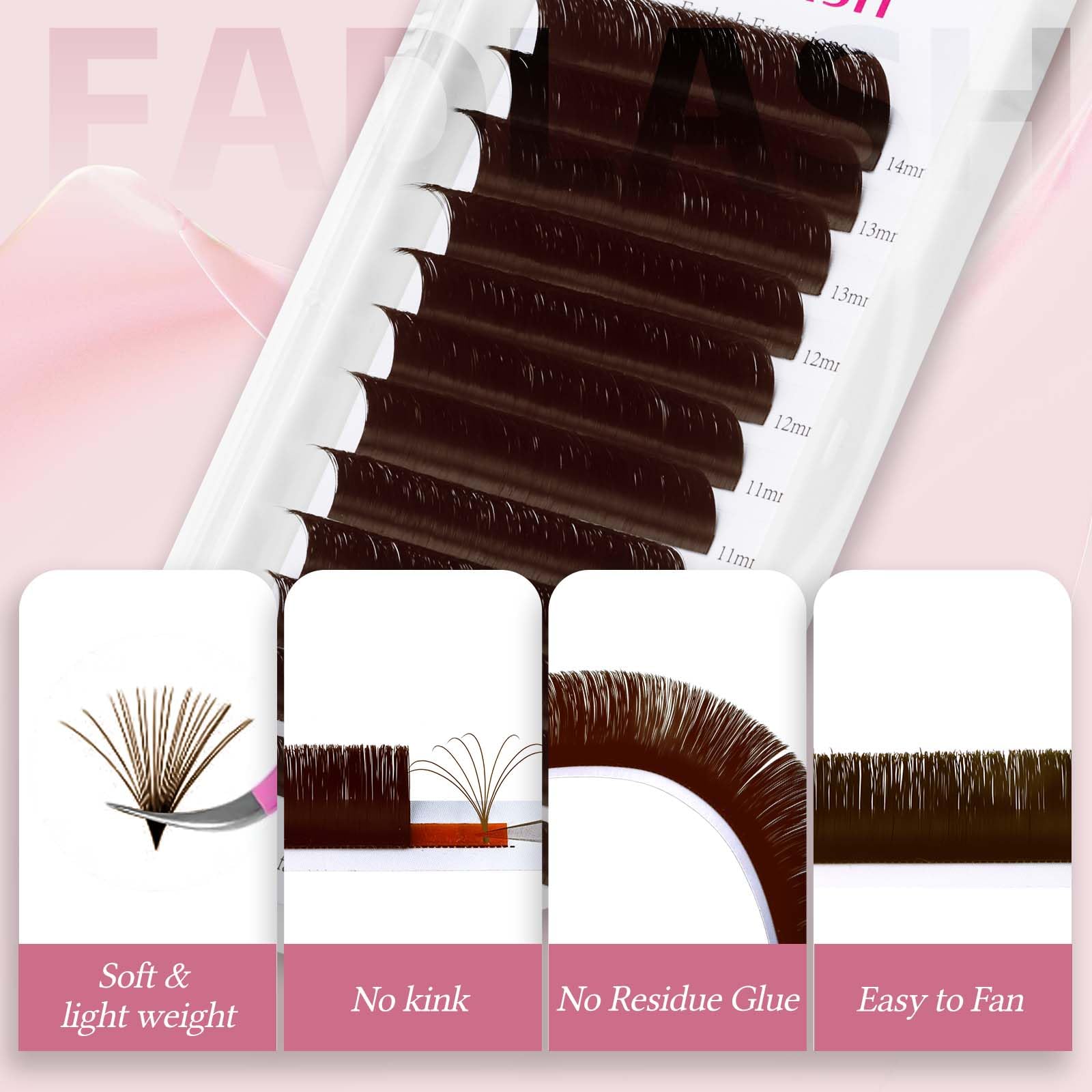 FADLASH Brown Lash Extensions Easy Fan Volume Lashes Colored Lash Extensions C/D Curl Volume Lash Extension 0.07 Self Fanning Eyelash Extensions (Dark Brown-0.07D, 15-20mm)