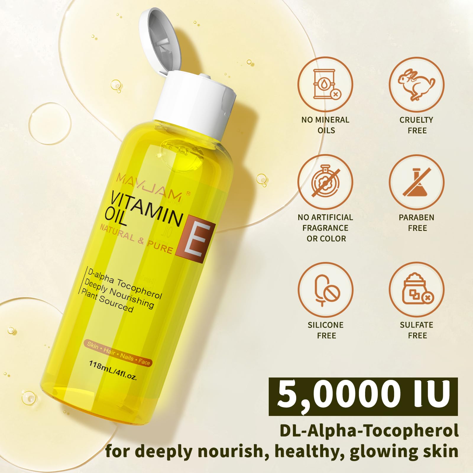 MAYJAM Organic Vitamin E Oil 50,000 IU for Skin, Pure & Natural Vitamine oils for Scars Hair, Face, Nail, Scalp Bath and Body Oil, Tocopherol to Repair Damaged Skin, Moisturizing Dry Skin, 4 Fl Oz