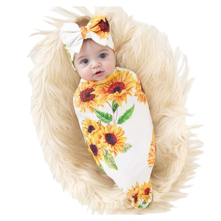 Galabloomer Newborn Sunflower Receiving Blanket Headband Set Baby Flower Rose Swaddle with Big Bow