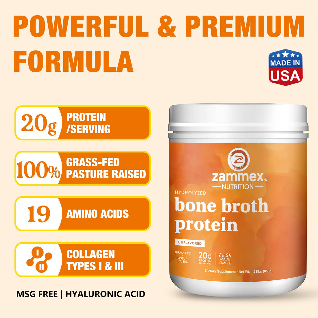 Zammex Pure Grass Fed Beef Bone Broth Protein Powder,20g Protein, Hydrolyzed Collagen Supplement for Healthy Skin,Nails,Hair,Joints, Non-GMO,Gluten Free,Paleo & Keto Friendly, Great in Soup