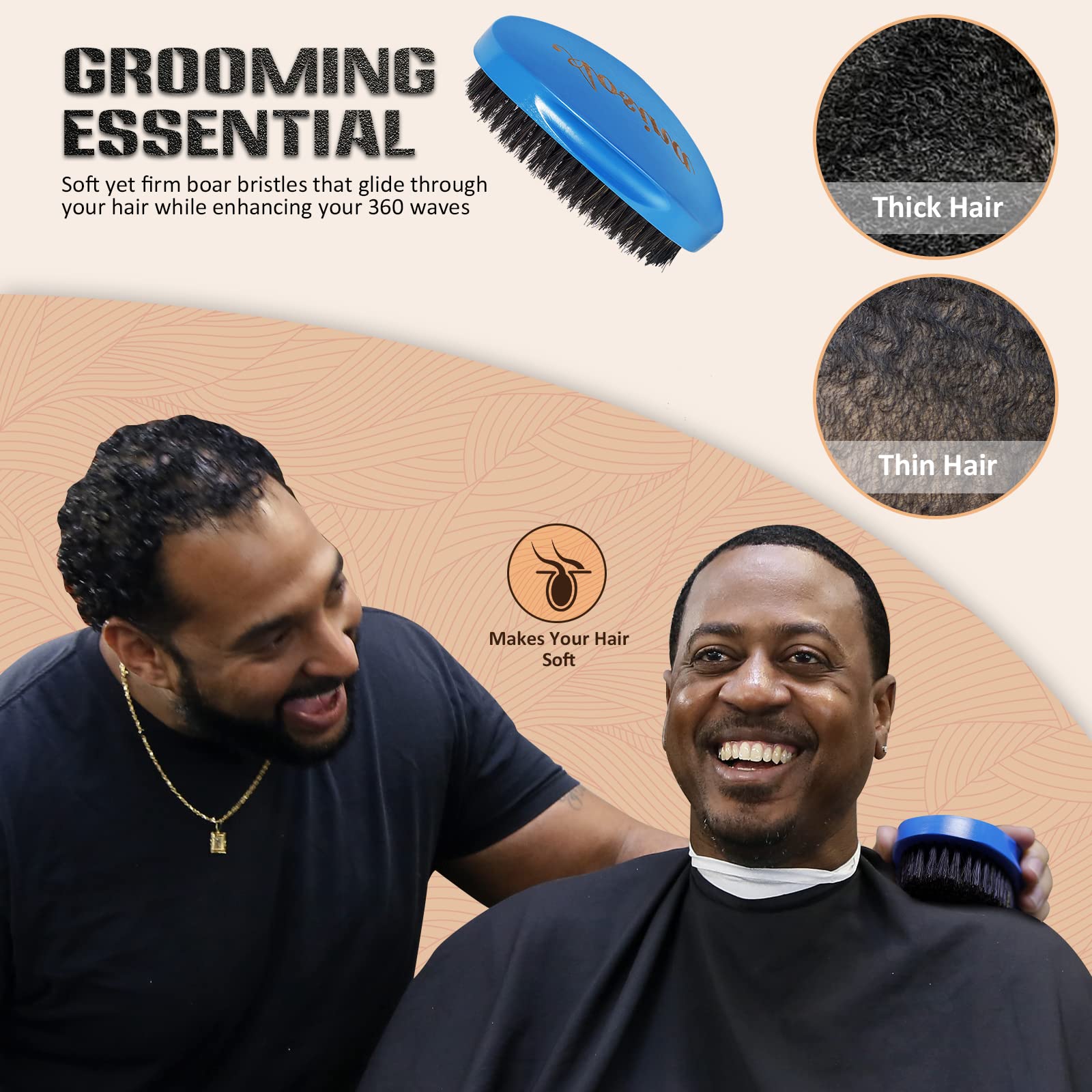 Aosina Medium Curved Palm Wave Brush 360 Wave Brush Made With Pure Black Boar Bristle Hair Brush Designed for Thin and Normal Hair-Mens Curved Military Wave (Blue)