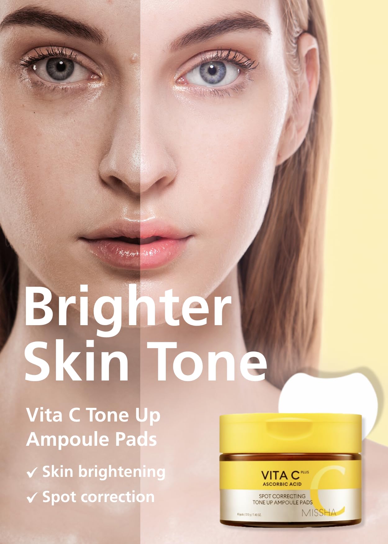 MISSHA Vita C Tone Up Ampoule Toner Pads (80 pads) Exfoliating Pads, Spot Treatment Pads with Vitamin C, Hyaluronic Acid, Collagen, Hydrating