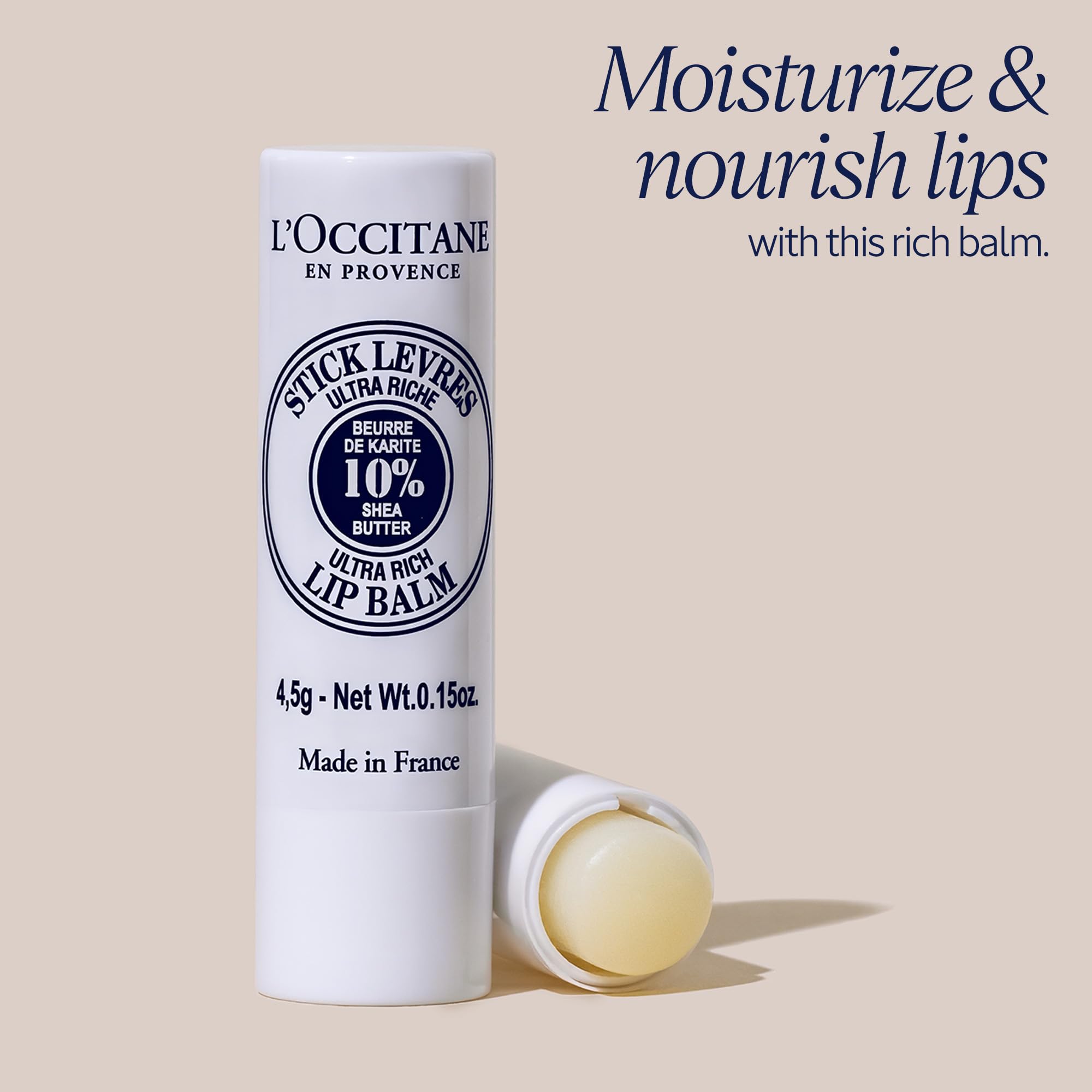 L'Occitane Ultra-Rich 10% Shea Butter Nourishing Lip Balm Stick: Moisturize Dry Lips | Twist Up | Softening | With Beeswax and Castor Oil | Silicone-Free