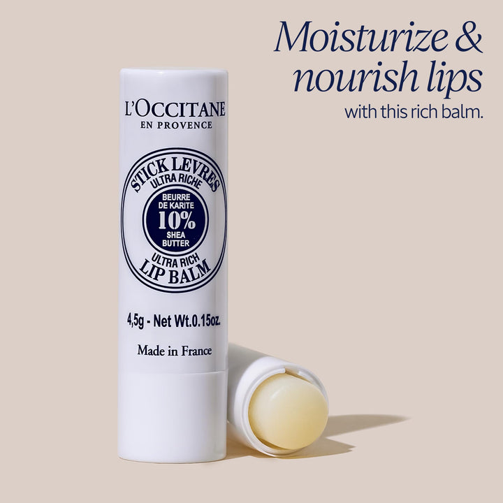 L'Occitane Ultra-Rich 10% Shea Butter Nourishing Lip Balm Stick: Moisturize Dry Lips | Twist Up | Softening | With Beeswax and Castor Oil | Silicone-Free