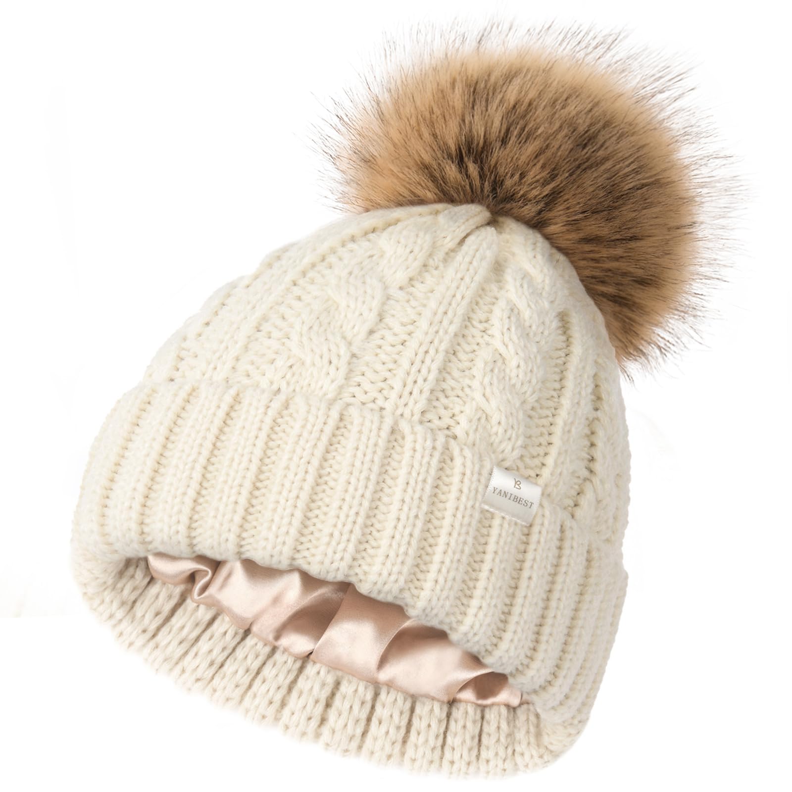 YANIBEST Winter Hats for Women Satin Lined Knitted Beanie Hat Warm Soft Ski Cuff Cap with Pom Pom Beige