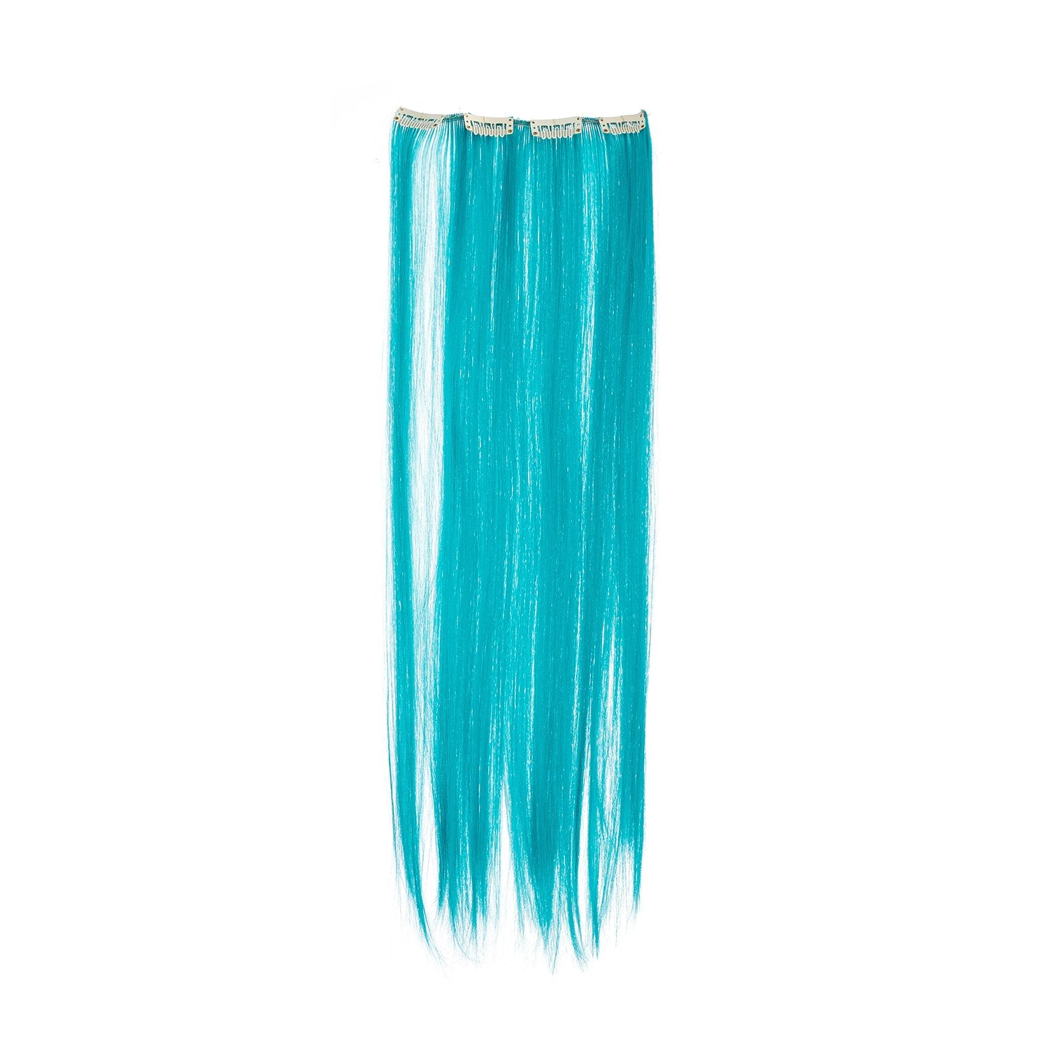 22-Inch Straight , Teal Blue : SWACC 7 Pcs Full Head Party Highlights Clip on in Hair Extensions Colored Hair Streak Synthetic Hairpieces (22-Inch Straight, Teal Blue)