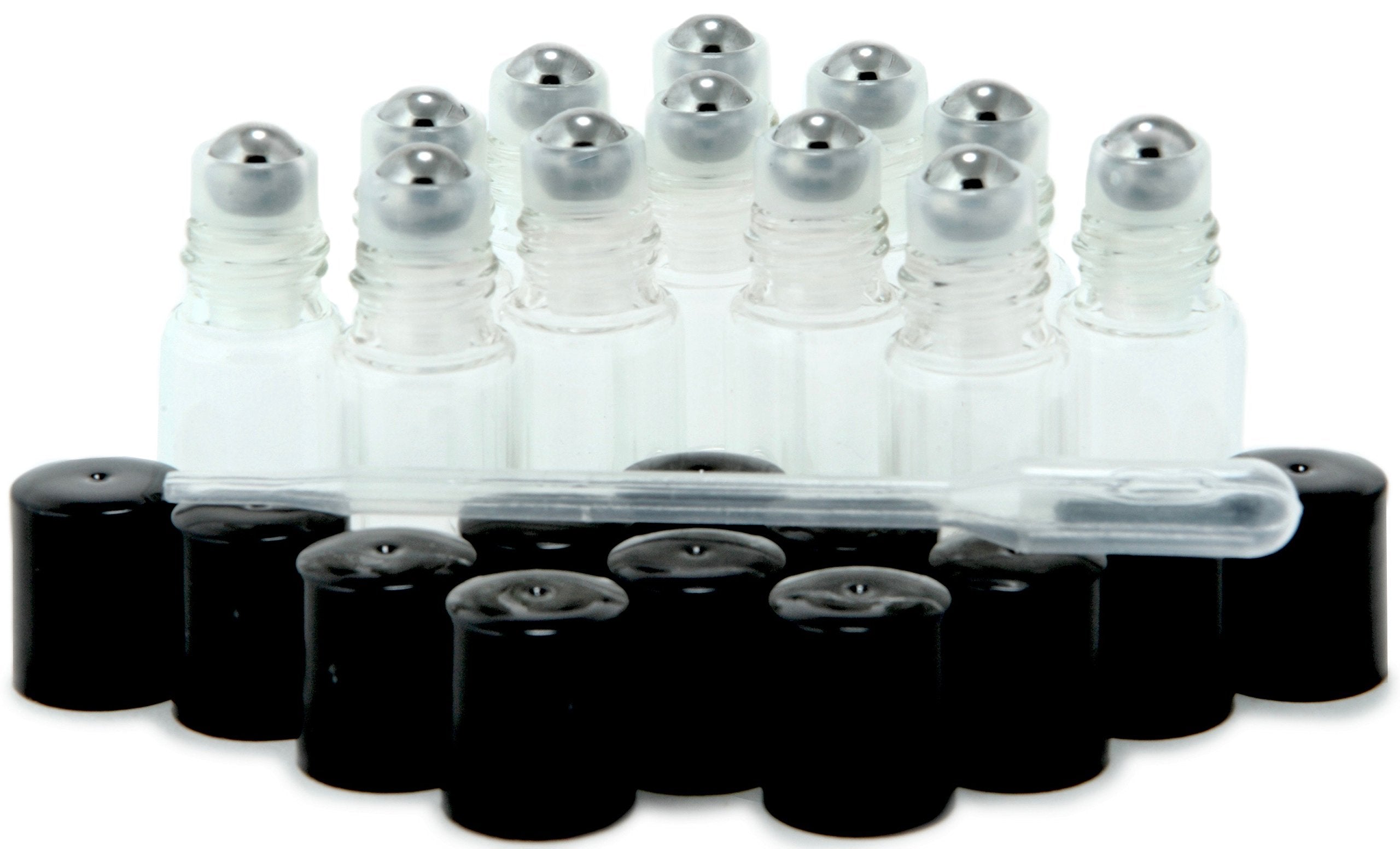 Vivaplex, 12, Clear, 3 ml Glass Roll-on Bottles with Stainless Steel Roller Balls - Dropper included