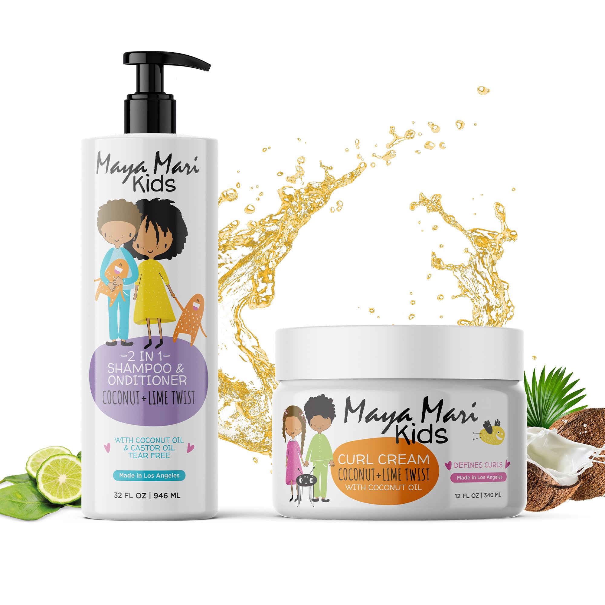 Maya Mari Kids 2 in 1 Shampoo and Conditioner and Curl Cream Set for Curly Hair Products, Tear Free, Sulfate Free, Cruelty Free Haircare for Boys and Girls