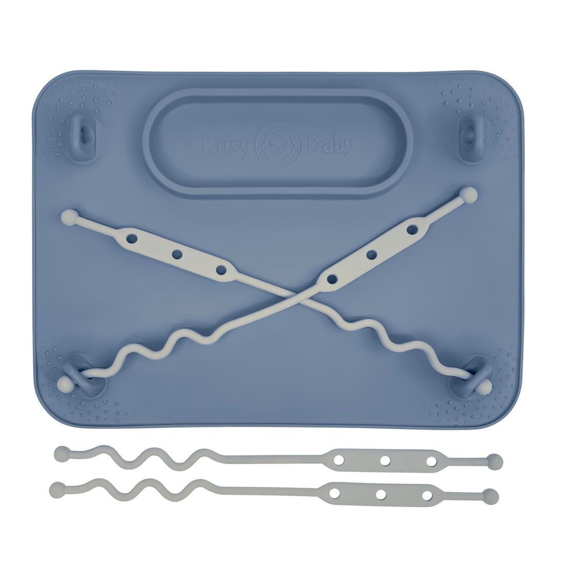 BUSY BABY Silicone Mat - New and Improved Suction Cups, 4 Straps to Secure Baby Essentials, Self Feeding, Baby Led Weaning, Travel Sleeve Included (Pewter)