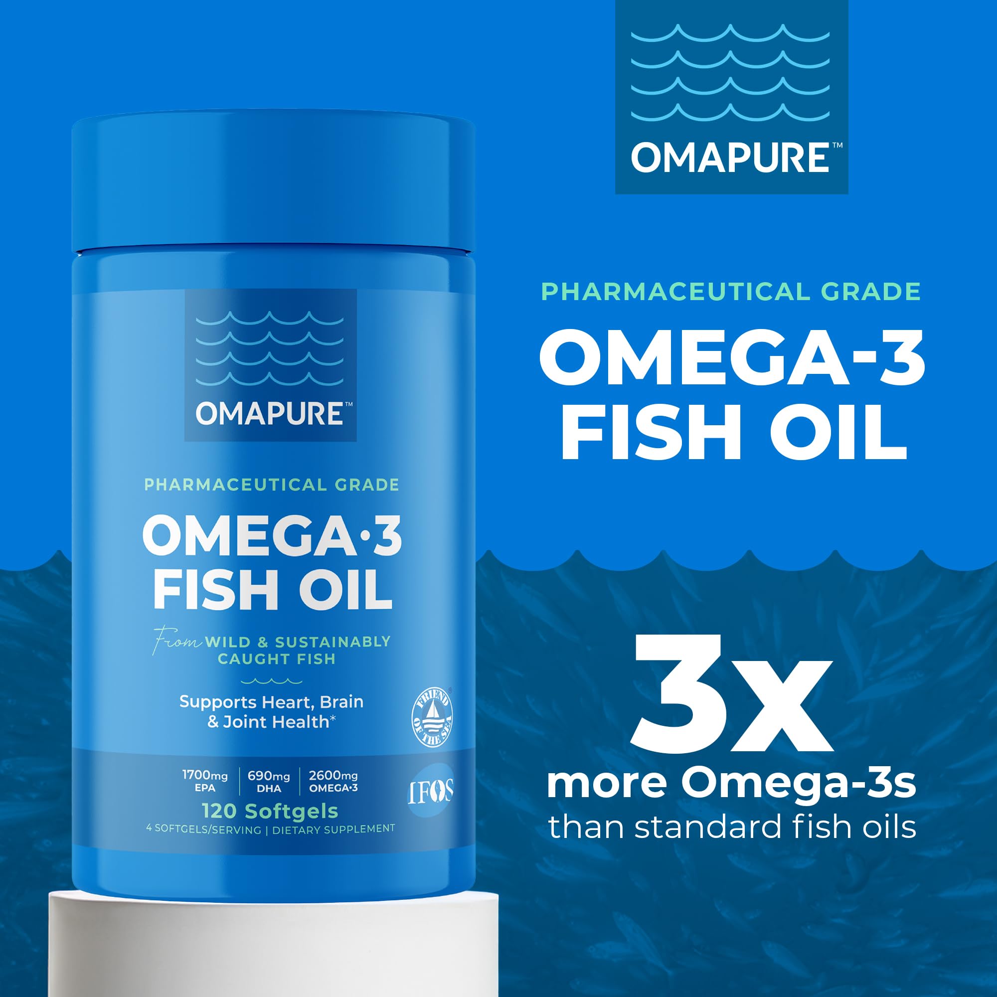 OMAPURE Fish Oil Supplements with Omega 3 Fatty Acids (3 Bottles, 120 Softgels) - High EPA, DHA, & IFOS Fish Oil Pills Support Heart & Joint Health - Burpless Fish Oil Promotes Brain Function