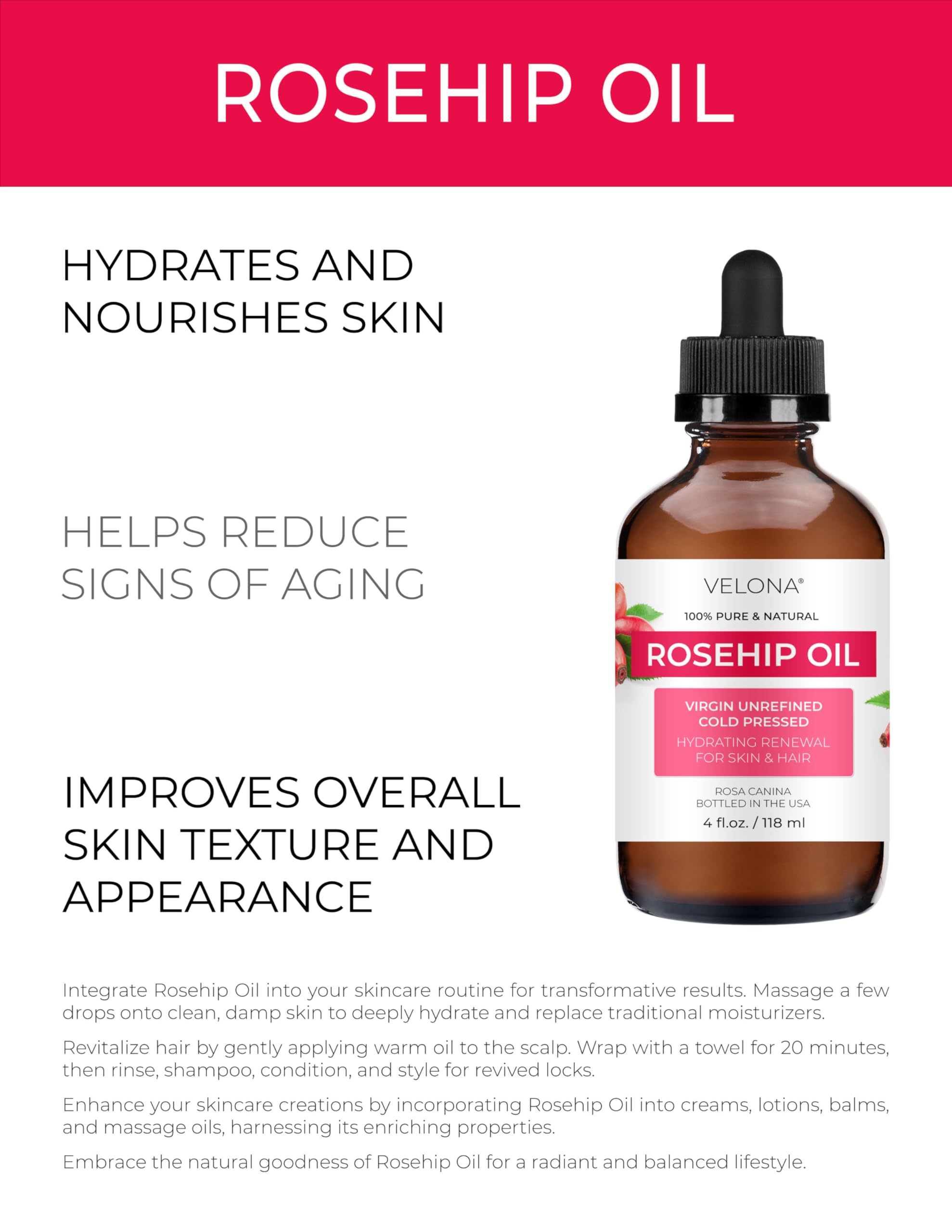 velona Rosehip Oil - 4 fl oz | 100% Pure and Natural Carrier Oil| Unrefined, Cold Pressed, Hexane Free | Moisturizing Face, Hair, Body, Skin Care, Stretch Marks, Scars…