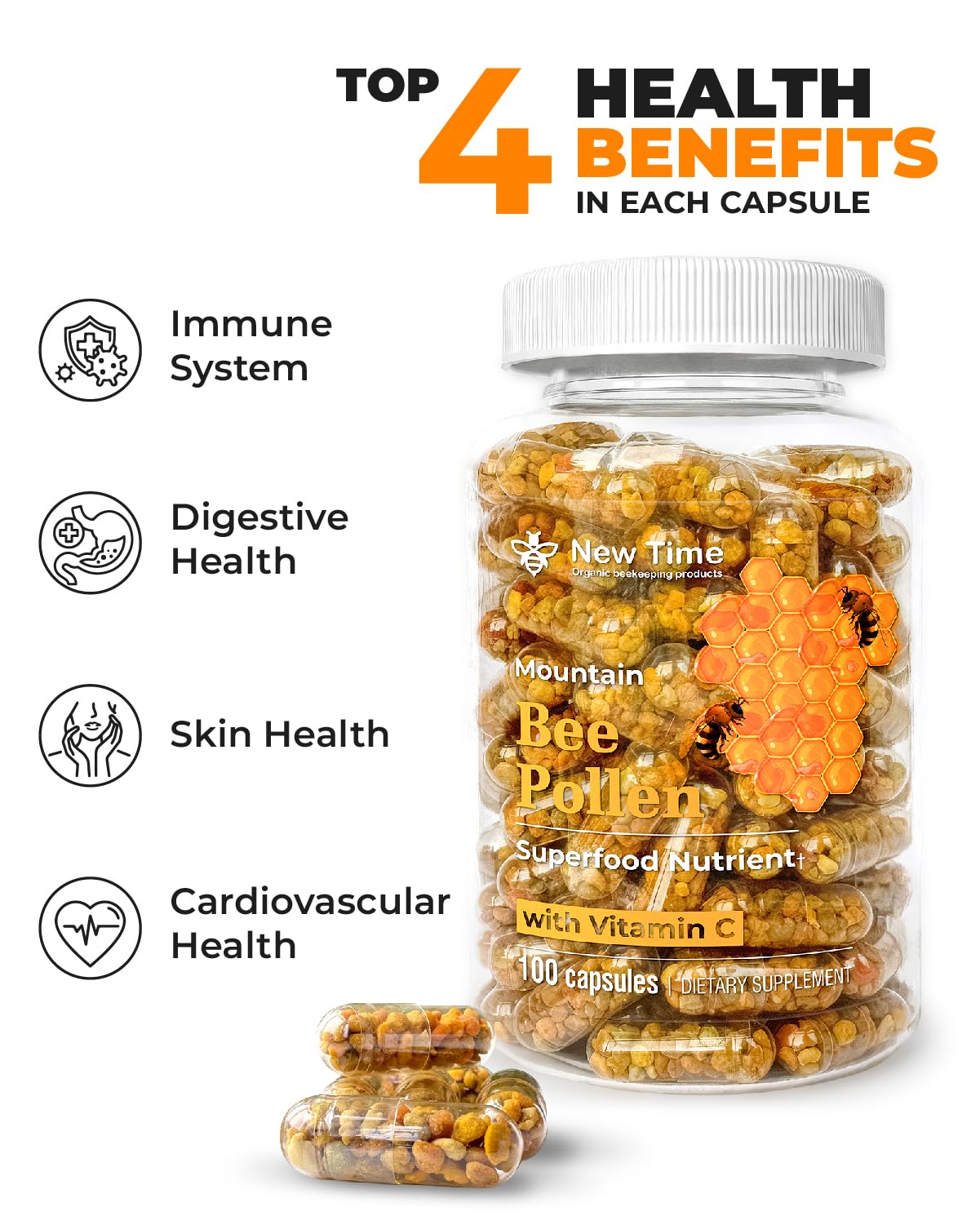 Bee Pollen Vegetarian Capsules with Vitamin C, Organic Supplement for Men and Women, Fermented Granules, Natural Multivitamin, Immune Energy Support (100 caps) Non-GMO & Pure