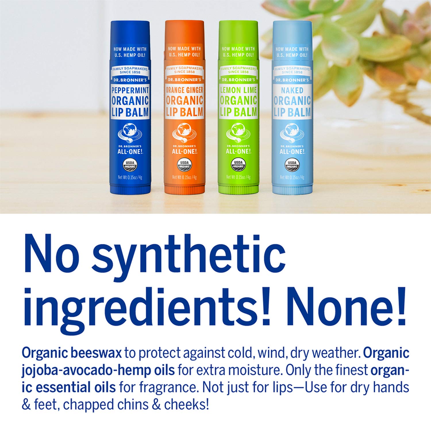 Dr. Bronner's Organic Lip Balm - 4 Pack (Naked, Peppermint, Lemon Lime, Orange Ginger)