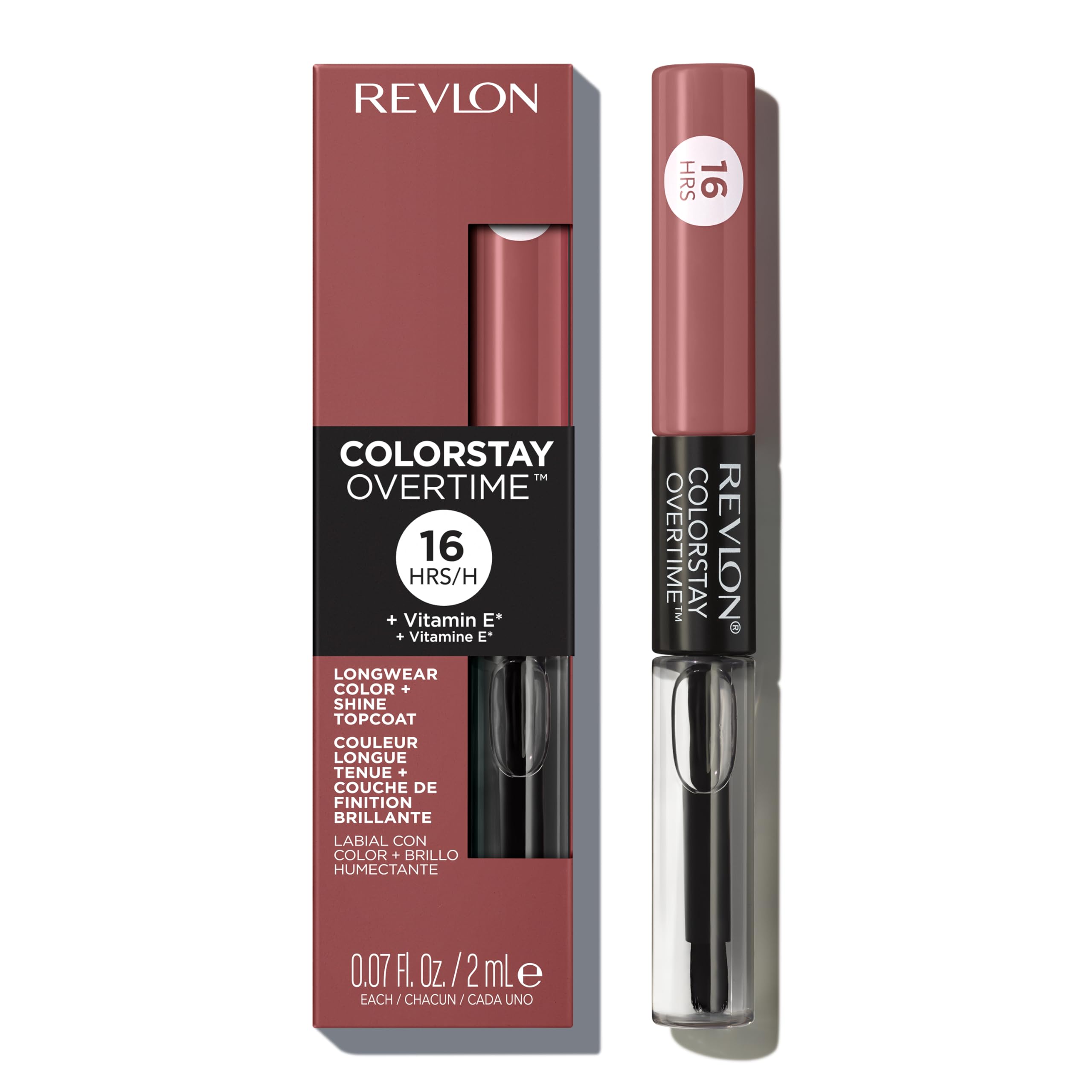 REVLON Colorstay Overtime Long-wearing Glossy Lipcolor with Clear Lip Gloss, with Vitamin E, In Brown, 340 Eternally Tan, 0.8 Oz