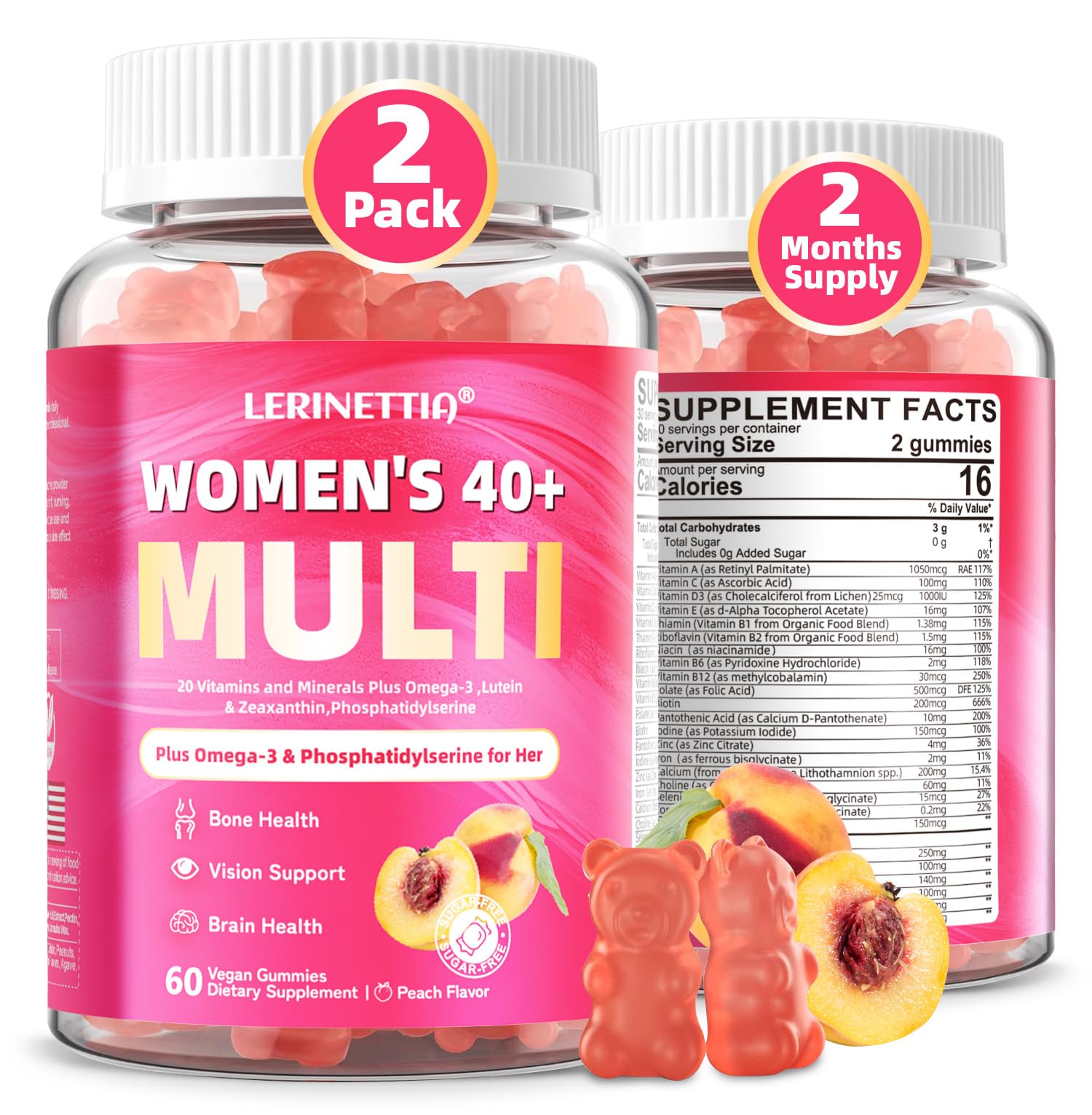 Multivitamin for Women Gummies for 40+ with Omega-3, Niacinamide, B-Complex, Lutein, Iron, Choline, Phosphatidylserine, Vitamin D3 for Skin, Hair, Energy, Immune, Bone - Vegan, Sugar Free, 120Cts