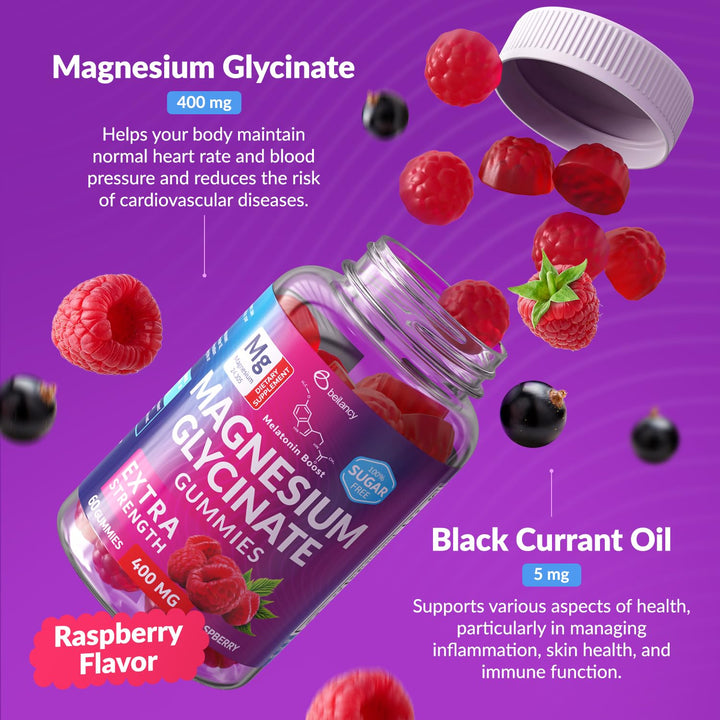 Magnesium Glycinate Gummies 400mg, Magnesium Gummies for Women and Men, Body Support and Relaxation, Raspberry Magnesium Gummies for Adults with Blackcurrant Oil, Non GMO, Gluten Free, 60 Days Supply