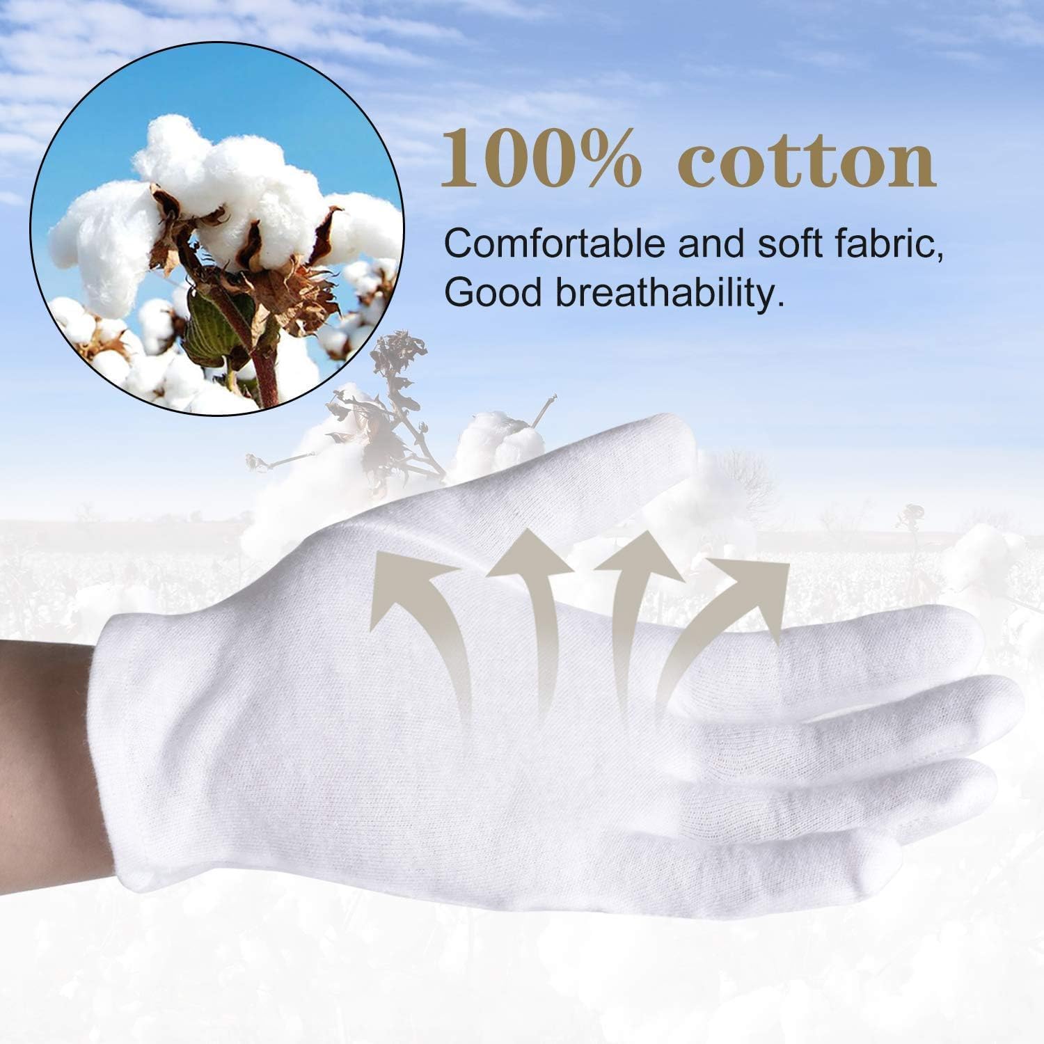 100% Cotton Gloves, 6 Pairs White Cotton Gloves for Women Dry Hands Eczema SPA Moisturizing - Work Glove for Serving Archival Coin Jewelry Inspection