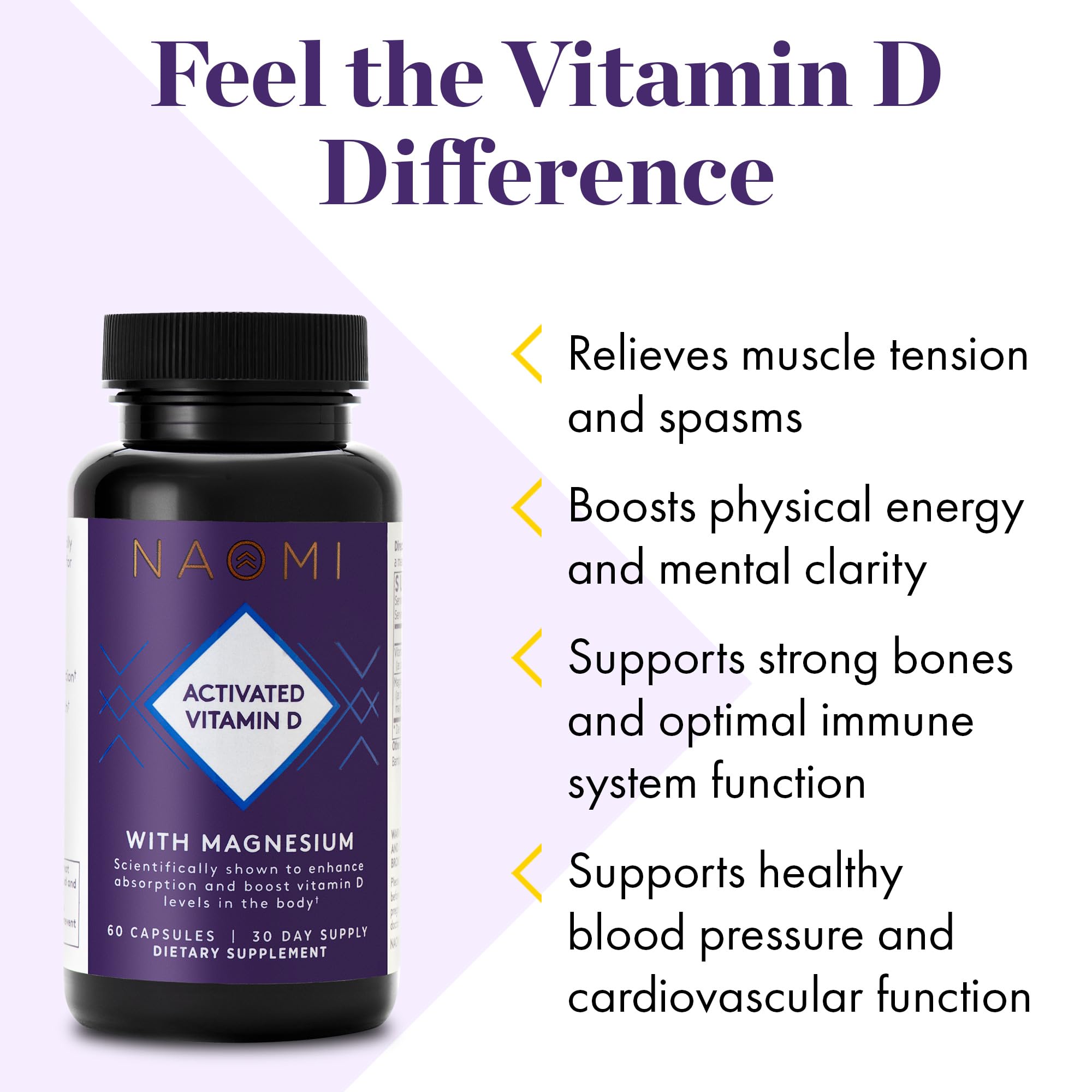 NAOMI Activated Vitamin D3 5000 IU (125 mcg) Supplement with Magnesium for Strong Bones, Teeth, Muscle, Immune and Mood Support, Non-GMO, Gluten Free, 60 Veggie Caps, 30 Day Supply
