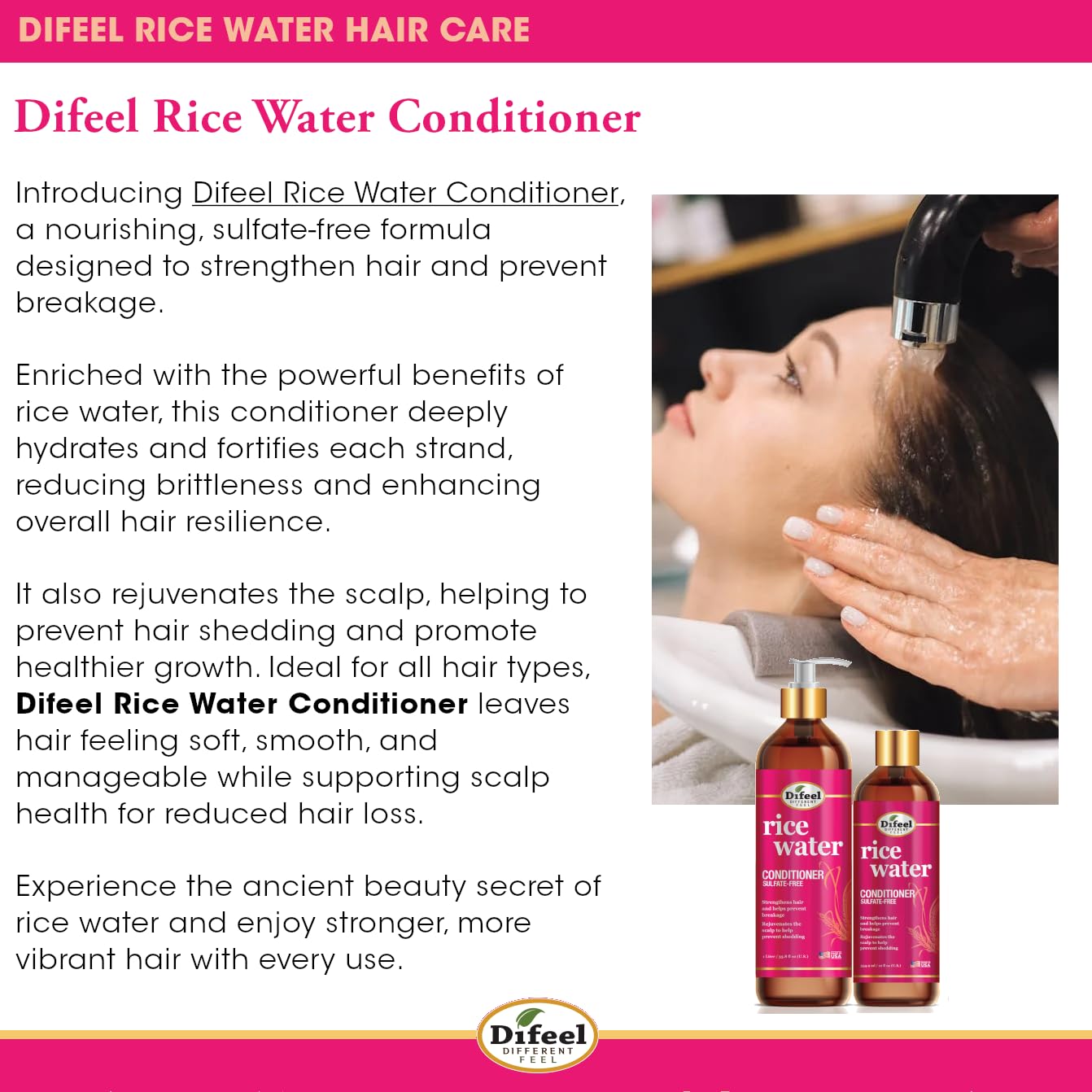 Difeel Rice Water Conditioner 33.8 oz. - Strengthening, Sulfate Free Natural Hair Conditioner