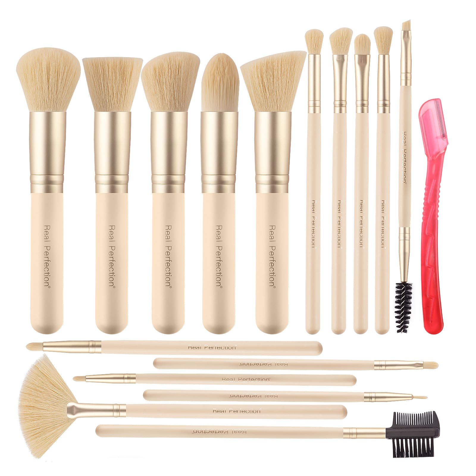 Real Perfection Makeup Brush Set 16 Pcs with 1 Eyebrow Razor Premium Synthetic Foundation Powder Concealers Eyeshadow Blush Makeup Brushes Make up Brushes Kit (Beige)