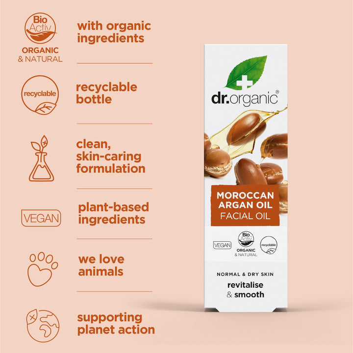 Dr. Organic Moroccan Argan Oil Facial Oil | Nourishing for Healthy Aging, Non-Greasy, Smoothes and Replenishes Skin, Natural, Vegan, Certified Organic, 30 mL / 1 fl oz